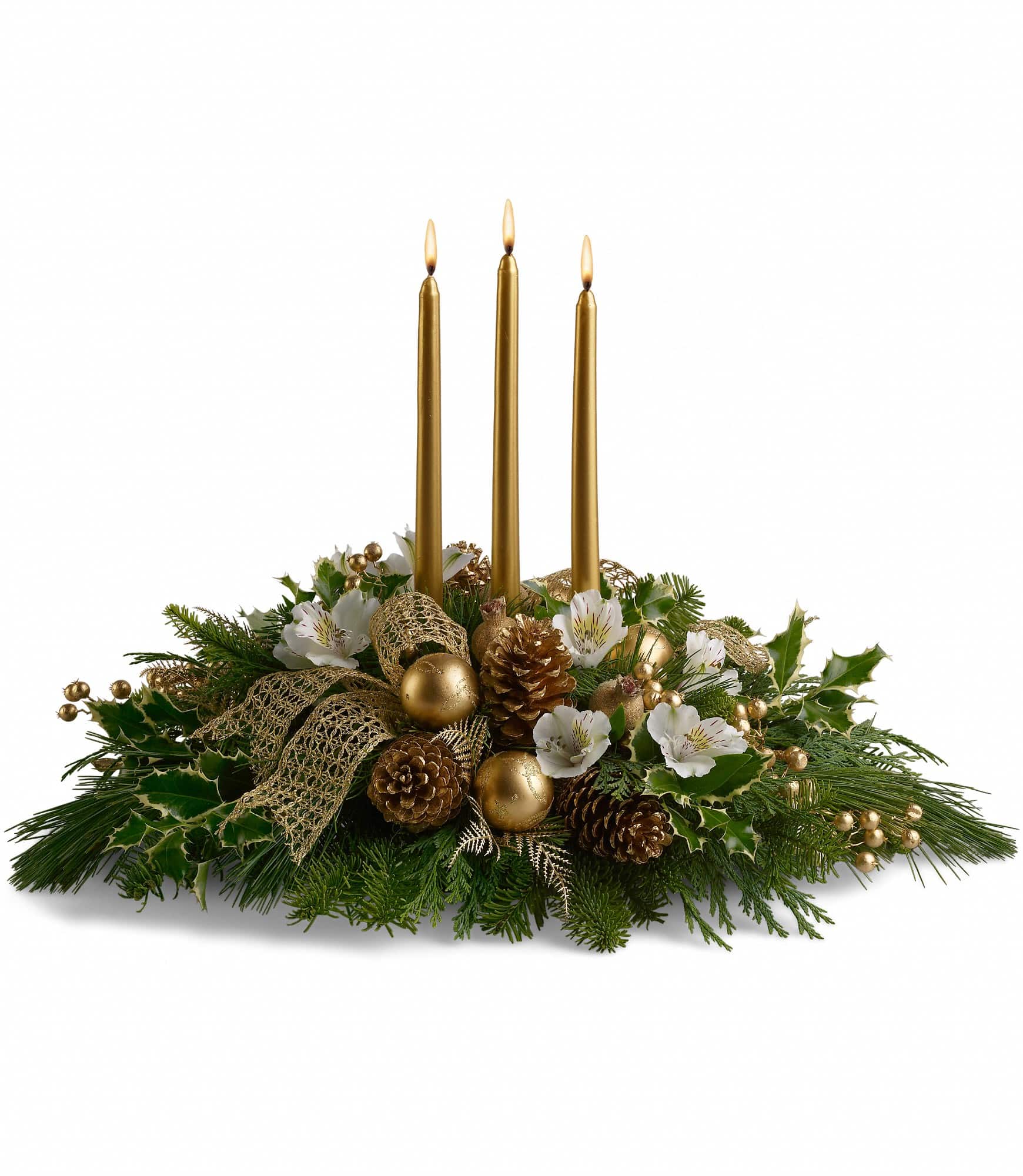 Royal Christmas Centerpiece - Know someone who deserves the royal treatment this holiday season? This shimmering golden centerpiece will shine its golden light upon them.    Three gorgeous gold taper candles take center stage in an arrangement of crÃ¨me roses and spray roses, white alstroemeria, gold ornaments, pinecones, intricate mesh ribbon, Christmas greenery and more. This kind of high style really is fit for a king or queen!    Approximately 23" W x 17" H    Orientation: All-Around    As Shown : T131-3A  Deluxe : T131-3B  Premium : T131-3C