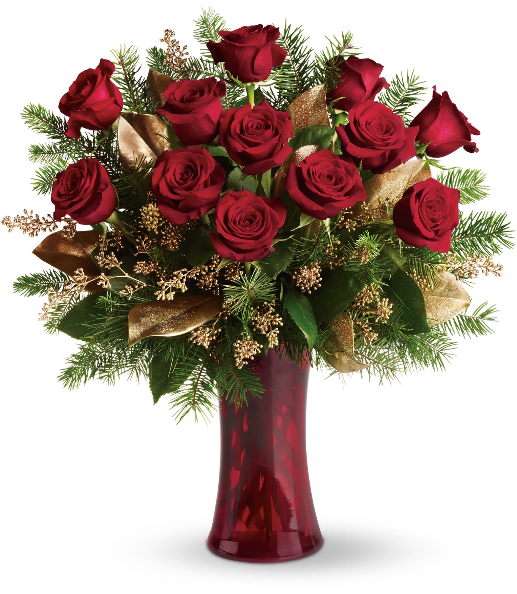 A Christmas Dozen - Dazzling and delightful. A dozen red roses make a dashing holiday gift, especially when they are arranged with brilliant holiday touches and delivered in a ruby red vase.    Twelve beautiful rose blossoms mix with salal, eucalyptus and golden fir branches in a radiantly red glass vase.    Approximately 22" W x 23 1/2" H    Orientation: One-Sided        As Shown : T115-2A      Deluxe : T115-2B      Premium : T115-2C    