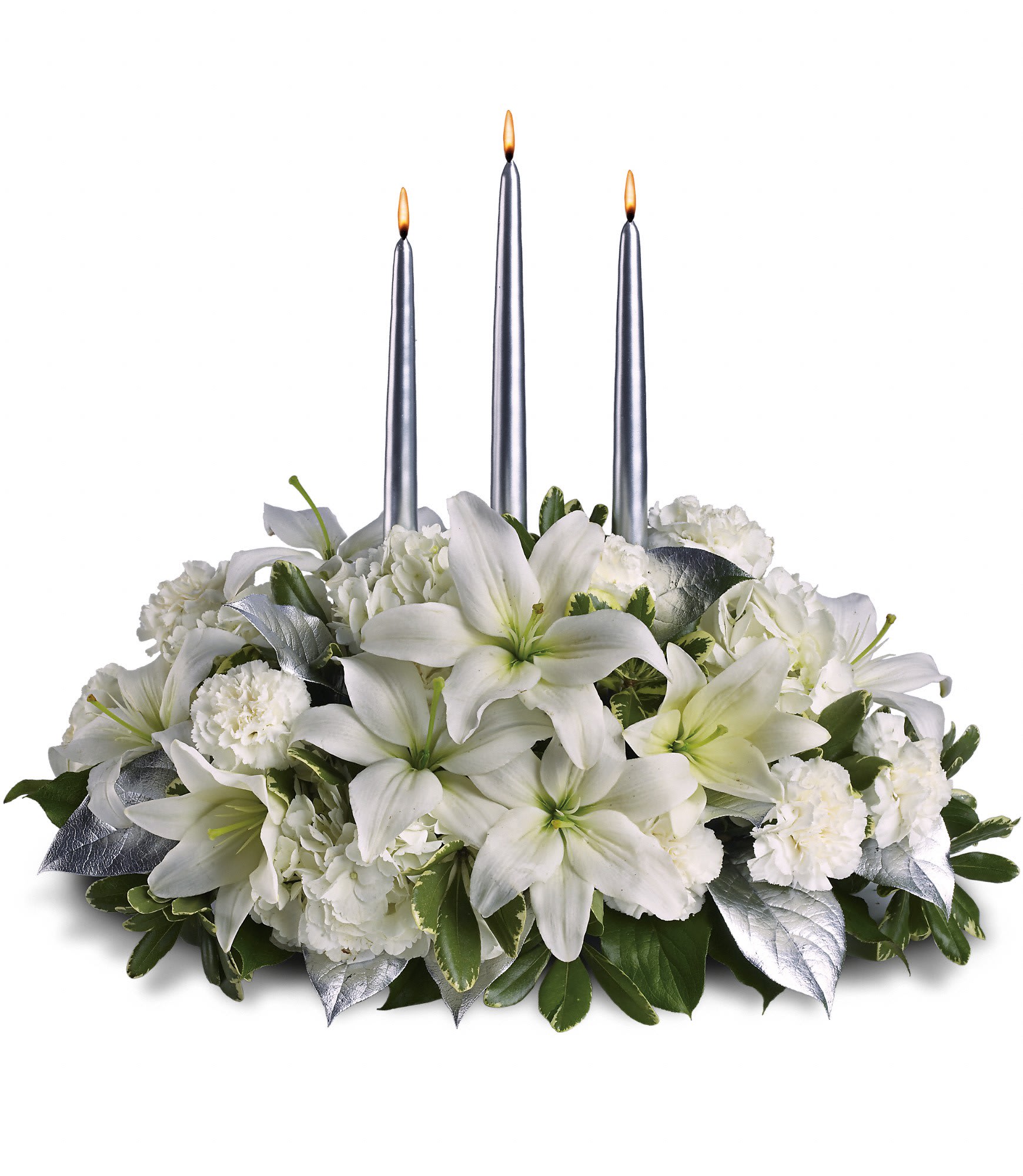 Silver Elegance Centerpiece  - This silvery centerpiece is so elegant it practically speaks for itself. Perfect for a Christmas, New Year's or any other winter gala, its shimmery sophistication will light up the room.    Beautiful winter white hydrangea, roses, asiatic lilies, carnations and greens surround three exquisite silver taper candles. It's as graceful as it is grand.    Approximately 21" W x 18 1/2" H    Orientation: All-Around        As Shown : T132-1A      Deluxe : T132-1B      Premium : T132-1C    