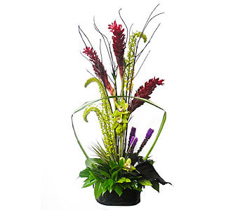 Zenter of Attraction  - This piece is an eye catching attentionâ¦. Feels someones heart with joy by sending it with red gingers, leatrice, flax leaf and other tropical leaves completes this zenter pieceâ¦        As Shown : NF158    