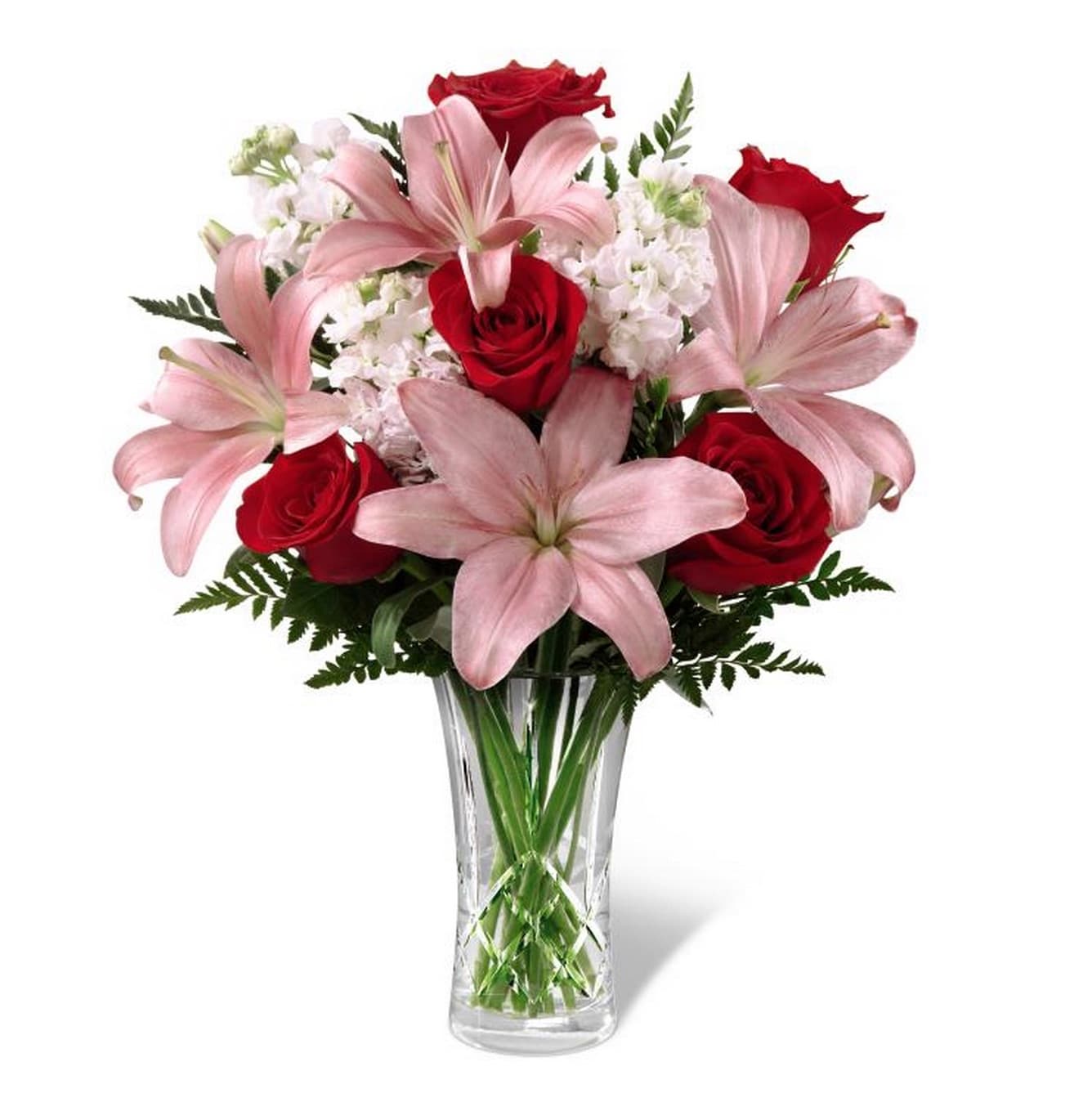 The FTD Anniversary Bouquet - VASE INCLUDED - The FTD Anniversary Bouquet blossoms with roses and lilies to display your love and affection in classic grandeur. Rich red roses, eye-catching Stargazer lilies, and pink Oriental lilies are accented with fragrant white stock and lush greens to form an impressive flower arrangement. Presented in a designer red glass vase, this mixed flower bouquet is set to express your heart's every emotion with its endless beauty and elegance. GOOD bouquet is approximately 17"H x 14"W. Your purchase includes a complimentary personalized gift message.