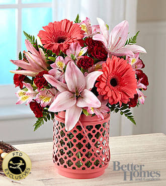 The FTD® Garden Park™ Bouquet by Better Homes and Gardens® - HG6S  Send a wave of beautiful, bright and very on-trend coral pink splashing across every special occasion. Designed in collaboration with the taste-making stylists of Better Homes and Gardens®, this chic bouquet combines mini carnations, gerbera daisies, Peruvian lilies (in Good only), Asiatic lilies and roses (in Better, Best and Exquisite) in a pretty palette that ranges from pale pastel to coral to hot pink. The lantern style vase features a clear glass cylinder in a cut-out metal holder painted bright coral to complement the flowers. Once the flowers are gone, the vase makes an enchanting candleholder for use indoors and outside. GOOD bouquet is approximately 12"H x 12"W. 