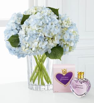 The FTD® Joyful Inspirations™ Bouquet by Vera Wang with Fragrance - V14  FTD® proudly presents the Vera Wang Joyful Inspirations™ Bouquet. The uplifting color of the skies are set to brighten their day with fresh radiance with this bouquet of light blue hydrangea simply set in a modern clear glass vase to create an expression of your warmest sentiments. Presented with a 1-oz. Vera Wang Princess eau de toilette spray, this flower arrangement will make an exceptional birthday, thank you or congratulations gift.