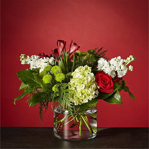 Winter Bright Bouquet - Send season's greetings with our Winter Bright Bouquet and remind loved ones to find joy amongst the snowstorms. Let the green hydrangea blooms and red alstroemeria bring a slight botanical scent, while the warm red roses bring a classic holiday element.