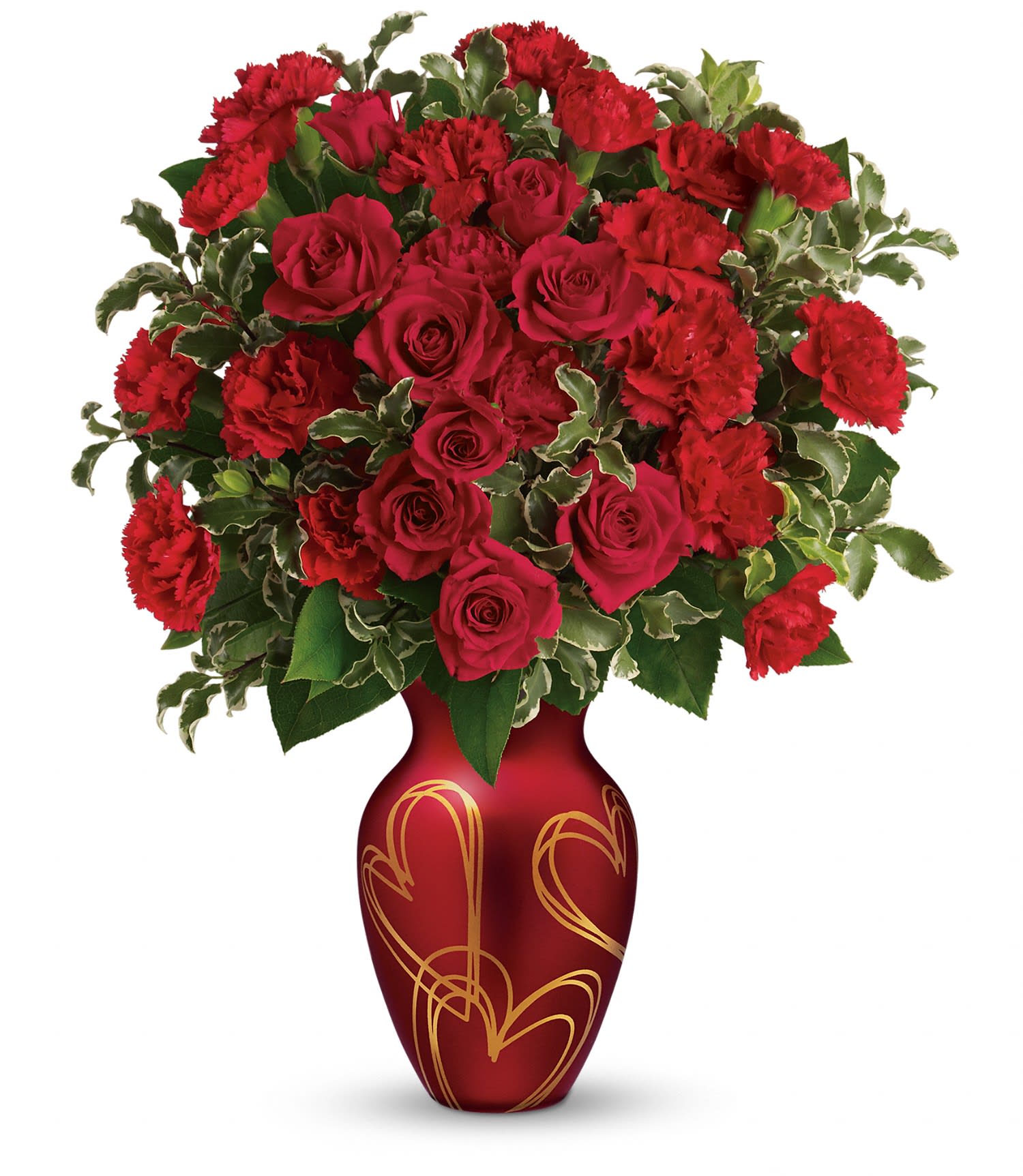 Telaflora's Hearts of Gold Bouquet - This sweet bouquet features red spray roses, miniature red carnations, pitta negra and lemon leaf. Delivered in a Hearts Of Gold vase. Approximately 12 1/2" W x 16 1/4" H    T15V300A