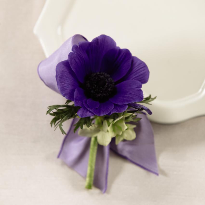 FTD Purple Passion Boutonniere - The FTDÂ® Purple Passionâ¢ Boutonniere is a gorgeous accent piece for your   groomsmen. A single purple anemone stem is accented with green mini   hydrangea blooms and lavender French taffeta ribbon to create a   distinguished look. Approx. 4âH x 3âW.   