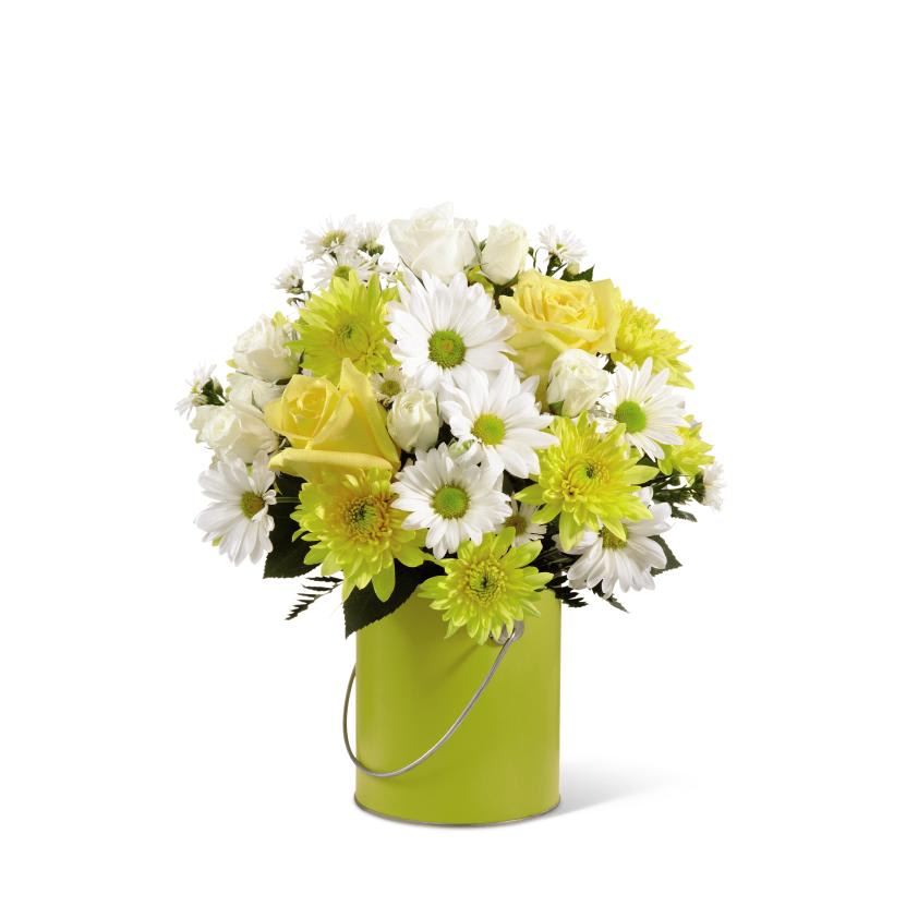 FTD Color Your Day With Sunshine Bouquet - "  The FTD Color Your Day With Sunshine Bouquet is blooming with a bright   cheer that will charm your special recipient at every turn. Yellow   roses, white spray roses, yellow cushion poms, white traditional   daisies, white monte casino asters, and lush greens are brilliant and   bold arranged to perfection in a sunlit yellow paint can inspired vase   to create a gift that conveys your warmest wishes. GOOD bouquet includes   10 stems. Approx. 12âH x 10âW. BETTER bouquet includes 16 stems.   Approx. 13âH x 12âW. BEST bouquet includes 21 stems. Approx. 13âH x   13âW.    "