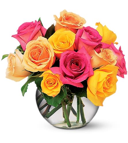 Multi-Colored Roses - Hot pink, peach and yellow roses arrive in a clear glass bowl. Approximately 10" W x 11" H    TF68-3