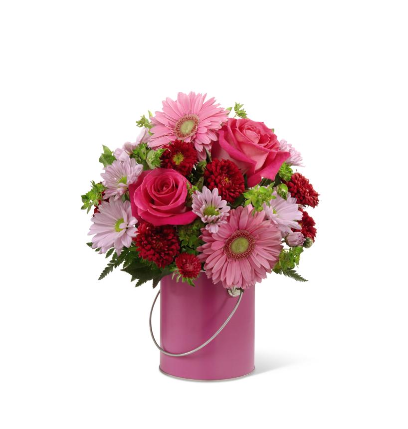 FTD Color Your Day With Happiness Bouquet - The FTD Color Your Day With Happiness Bouquet blooms with blushing   sweetness to offer your special recipient a gift of charming cheer.   Fuchsia roses, pink gerbera daisies, lavender traditional daisies, red   matsumoto asters, bupleurum and lush greens create a remarkable display   arranged within a bold pink paint can inspired vase to make this a gift   that will add to the joy and loveliness of their day. GOOD bouquet   includes 9 stems. Approx. 11âH x 10âW. BETTER bouquet includes 14 stems.   Approx. 12âH x 12âW. BEST bouquet includes 19 stems. Approx. 13âH x   13âW.   "