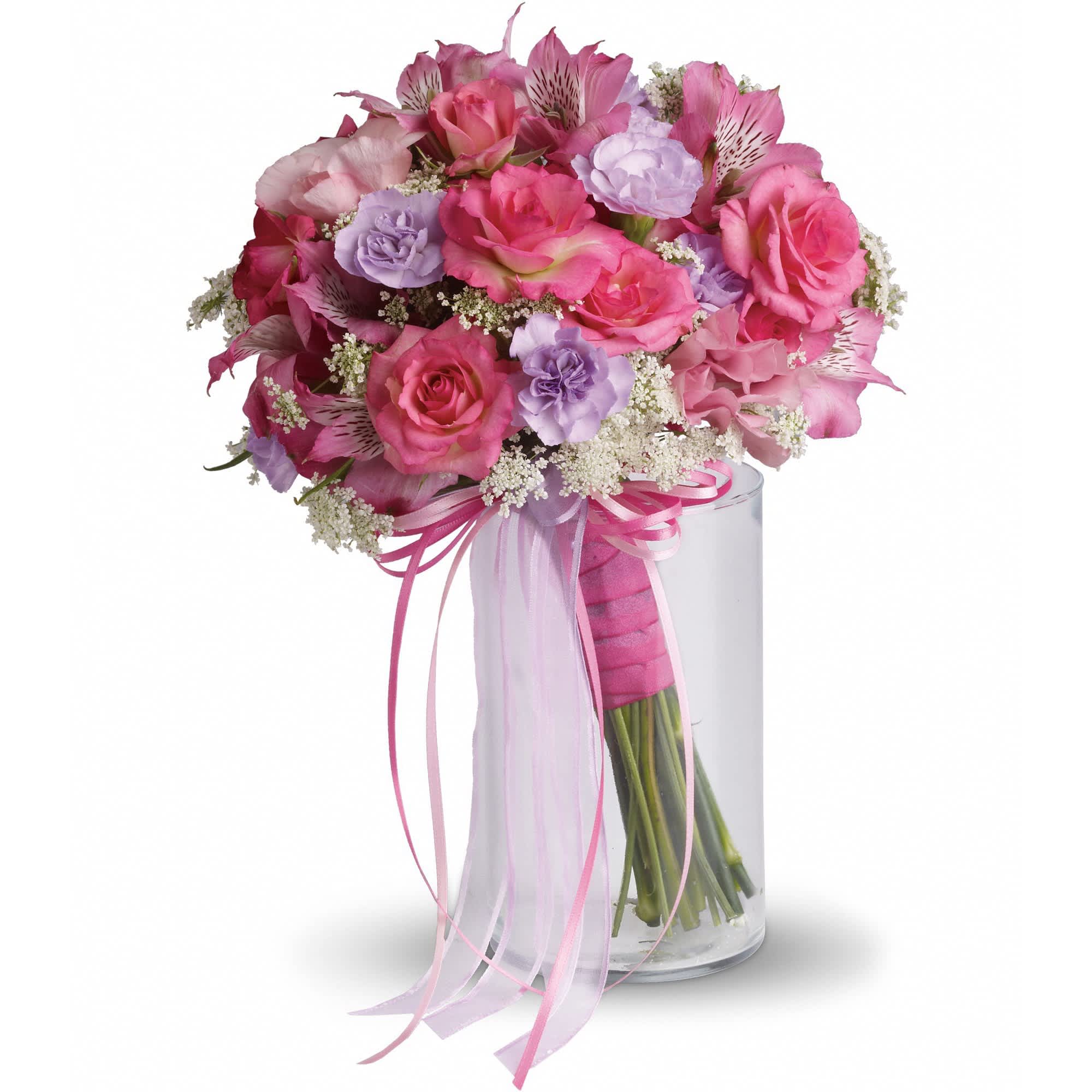 Fairy Rose Bouquet  - This petite pink and lavender bouquet was made by magical fairies especially for her special day!    Pink alstroemeria, Queen Anne's lace, lavender carnations, pink spray roses and lisianthus, all brought together with taffeta, satin and organza ribbons.    Approximately 8 1/2" W x 11" H    Orientation: N/A        As Shown : T204-1A    