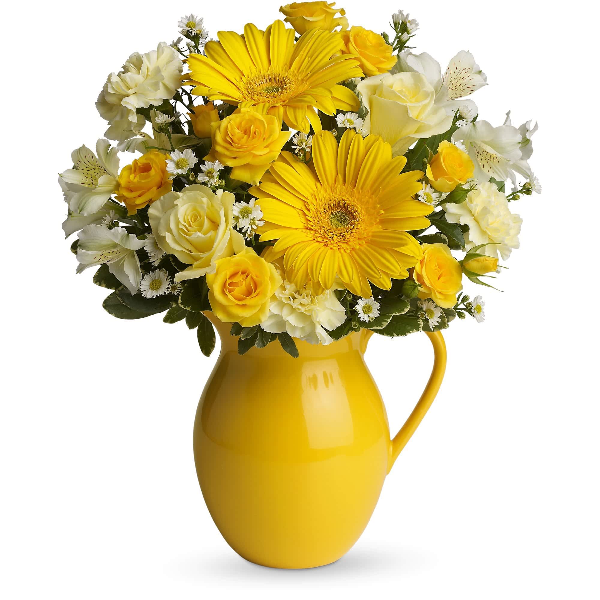 Teleflora's Sunny Day Pitcher of Cheer - This bouquet is just bright for any occasion! A bright and sunny medley of flowers is hand-delivered in a brilliant ceramic pitcher that can be joyfully used over and over again.  