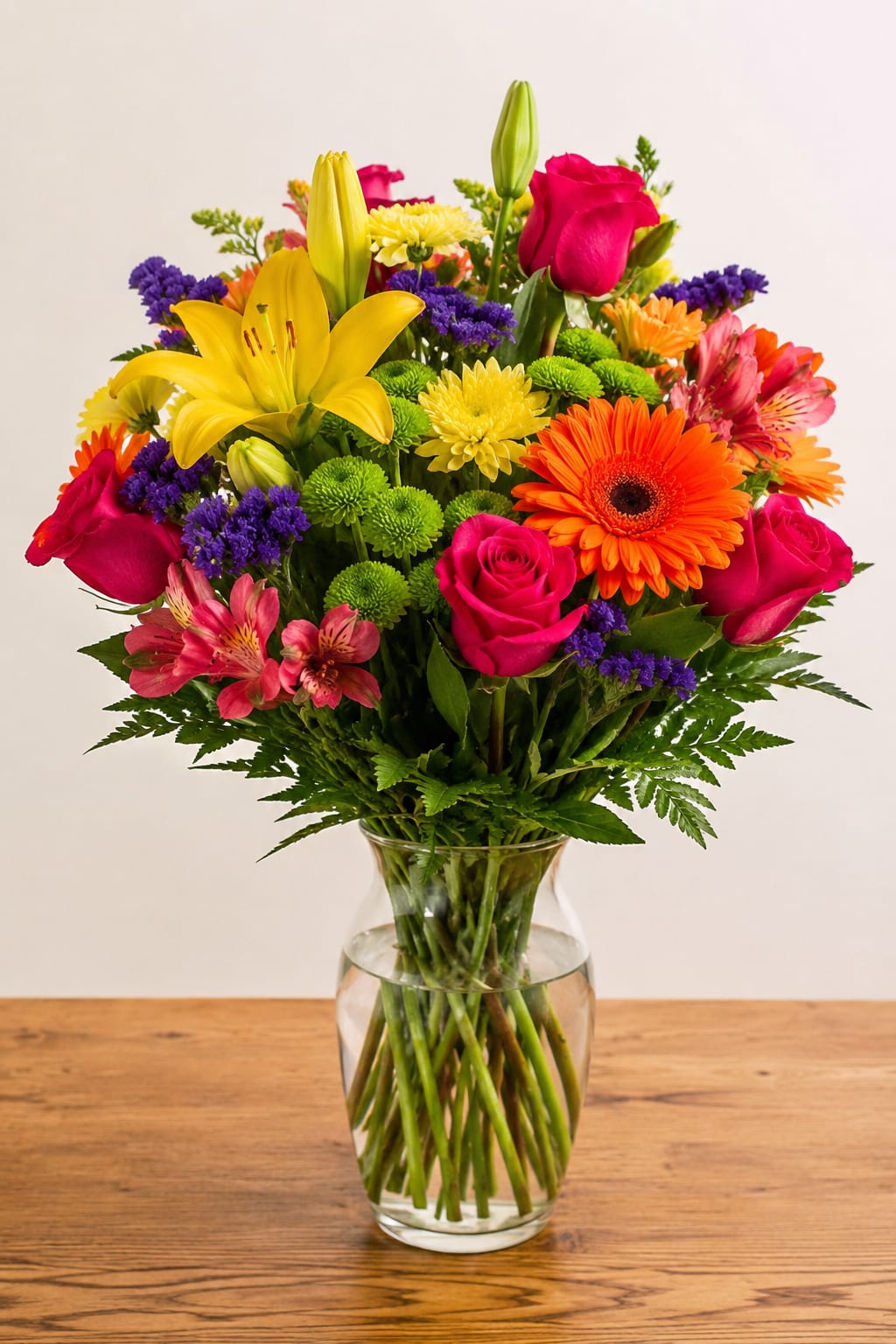 Summer Blooms by Petal Perfection Flower Company - Bright, garden-fresh color is the first thing she'll notice about this summer bouquet - a lively flower arrangement perfect for birthdays, congratulations, or simply to brighten someone's day. Pink roses and yellow lilies take center stage, their contrasting hues creating an immediate sense of joy, while orange Gerbera daisies and purple filler flowers add punch and playful depth so the recipient feels genuinely celebrated.  This arrangement pairs roses, lilies, Gerbera daisies, chrysanthemums, and alstroemeria in a clear glass vase, arranged in a full, rounded silhouette that reads abundant and festive from every angle. The clustered chrysanthemums add texture and volume, purple accents provide contrast, and the visible stems in water give a fresh, classic florist presentation. Colors: pink, yellow, orange, purple.  Ideal for a cheerful gift to a friend, coworker, or family member, this bouquet sends a message of warmth and celebration without being tied to any single holiday. Arrives ready to display in the included clear glass vase; keep in fresh water and away from direct heat to extend bloom life.