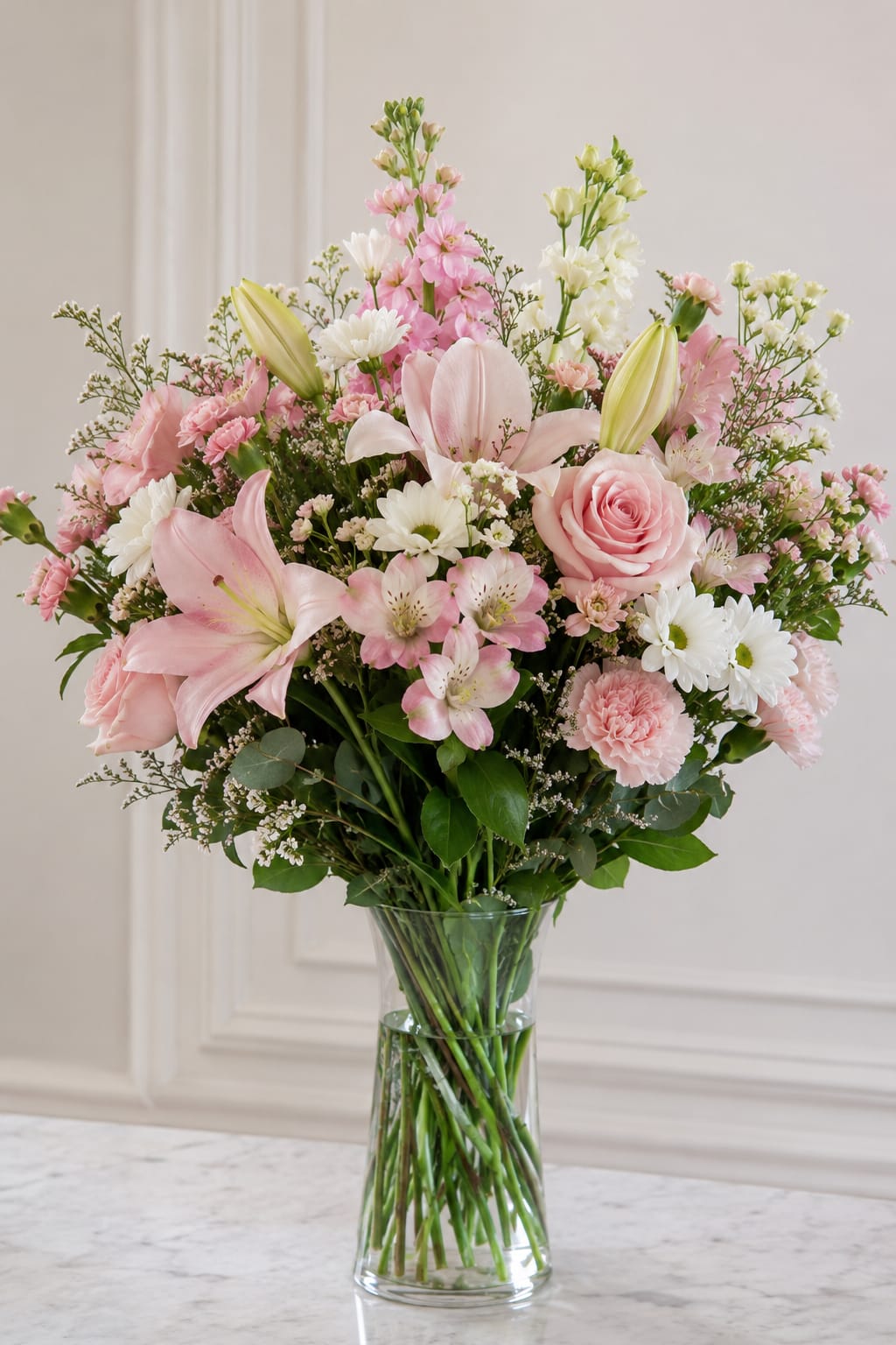 Perfect Pink and White by Petal Perfection Flower Company - Large pink lilies and a pale pink rose create an immediate romantic impression in this birthday bouquet and anniversary arrangement, perfect for Mother's Day or a just-because gift. The mix of pink and white blooms reads fresh and uplifting-the tall, airy silhouette feels like a gentle spring breeze that will make the person you're thinking of feel cherished and seen.  This floral arrangement pairs lilies, roses, carnations, daisies, alstroemeria, snapdragons and delicate filler blooms in a clear glass vase, letting the soft green foliage and stems show through. The palette of pink, white and green emphasizes texture as much as color: the lilies' broad petals, the rose's layered center, fluffy carnations and daisy faces combine for a balanced, garden-fresh look. The tall, layered composition stands out on a dining table or entry console and arrives ready to display in the included vase.  Send this when you want to celebrate someone with classic romance and approachable charm-ideal for moms, partners, close friends, or coworkers marking a milestone. Care is simple: keep water fresh and trim stems every few days to extend vase life; select your preferred size at checkout to suit the space you have in mind.