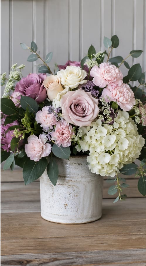 Petal Perfection's Lavender Lush  - Blush and lavender blooms mingle in a soft, romantic arrangement perfect as a wedding centerpiece, anniversary bouquet, or gentle sympathy gift. This flower arrangement features large roses up front for a classic focal point, with pale pink and cream tones that read as both celebratory and consoling depending on the moment.  The rounded ceramic vase holds a lush mix of roses, ruffled carnations, and a cluster of white hydrangeas for weight and texture, while eucalyptus-like foliage and airy filler lend a garden-style, freshly-picked feel. Colors include pink, white, purple, and touches of green for a soothing palette that complements spring and summer events as well as quieter occasions.  Made to make the recipient feel truly seen, Lavender Lush conveys warmth, tenderness, and refined beauty - the kind of bouquet that says "I'm with you" or "I adore you." Arrives in its ceramic vase ready to display; trim stems and refresh water as needed to extend bloom life.