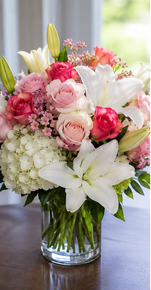 Goodness and Light by Petal Perfection - Soft white lilies and a cloud of white hydrangea meet blushing pink and brighter pink roses in a lush, romantic flower arrangement-perfect as a wedding centerpiece, anniversary bouquet, birthday gift, or a thoughtful spring surprise. This flower arrangement for special occasions combines elegant textures and soft pastels to make the person you're thinking of feel cherished and celebrated the moment it arrives.  The mix includes fragrant white lilies, pink and blush roses, and a large cluster of white hydrangea, artfully arranged in a clear glass vase. The design is full and rounded: lilies provide gentle height and graceful lines while the hydrangea creates a dense, cloudlike base and the roses add warm color accents. The overall palette of white, pink, and mixed tones reads fresh and celebratory without overpowering the room.  Send this when you want her to feel truly seen-whether marking an anniversary, brightening a birthday, or adding elegance to a wedding or spring gathering. Arrives ready to display in its clear glass vase; keep blooms in fresh water, trim stems slightly and remove spent blooms to prolong the life of the arrangement.