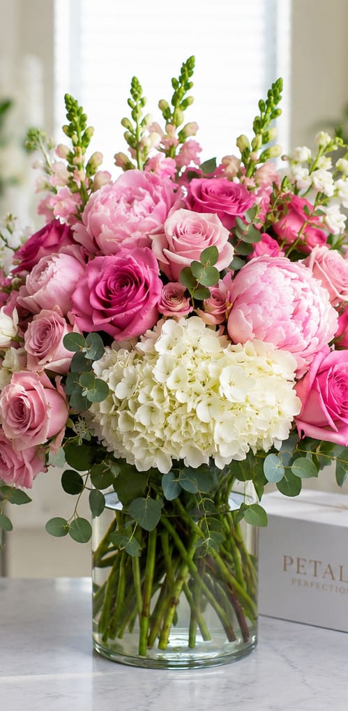 Pink Passion By Petal Perfection - A lush cascade of pink roses and pale peonies greets the eye-the kind of romantic flower arrangement that makes someone feel cherished on an anniversary, birthday, or as a wedding surprise. This flower arrangement for anniversaries and special celebrations pairs bright pinks with creamy white hydrangea clusters to create a striking, joyful contrast that reads as both elegant and unmistakably feminine.  The bouquet mixes velvety pink roses, soft pale pink peonies, and billowy white hydrangeas with taller snapdragons for vertical interest, all tucked into a clear glass vase. Layered blooms form a full, rounded composition while eucalyptus foliage adds cool green accents and a gentle, aromatic lift. The result is a textured, garden-fresh look that photographs beautifully and fills a room with classic charm.  Perfect for the person you want to make feel truly seen, this arrangement sends a message of affection and celebration-ideal for milestone birthdays, romantic gestures, or as a centerpiece at an intimate reception. Arrives ready-to-display in its vase; refresh water and trim stems every few days to keep blooms looking their best.