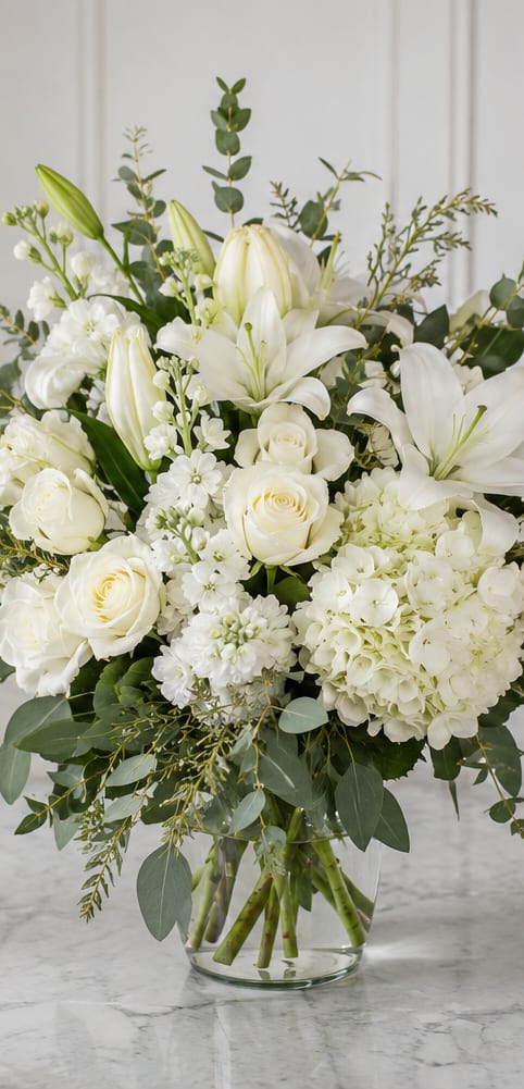 Innocence Remembered  - A refined all-white sympathy arrangement, Innocence Remembered brings calm and dignity to moments of remembrance. This white flower arrangement is built around a dense cluster of white roses and open white lilies-an elegant choice for funerals or memorial services-while pale hydrangea blooms and airy eucalyptus add soft texture and a peaceful, chapel-like presence.  The composition is full and rounded with taller lily buds and delicate white filler flowers creating gentle height and layered interest. Presented in a clear glass vase, the classic silhouette keeps the focus on the flowers' pure whites and cool greens, making it equally appropriate for a wedding rehearsal table or a serene bedside tribute.  Designed to comfort the person you're honoring, this bouquet communicates sympathy and quiet respect without being showy. Vase-arranged for immediate display; refresh water every 2-3 days and trim stems slightly if needed to extend bloom life.