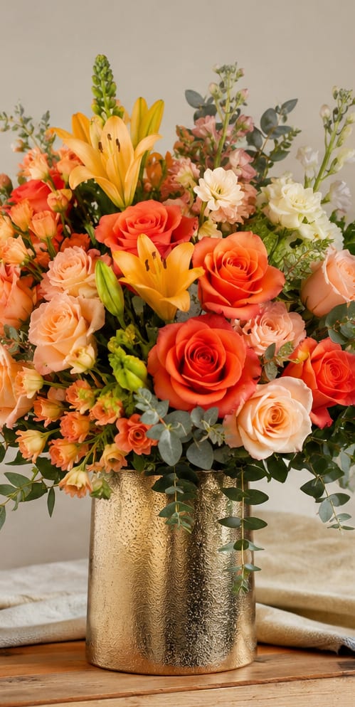 Florida Sunrise by Petal Perfection - Sunrise-bright roses and lilies combine to make a joyful birthday bouquet or anniversary arrangement that feels both romantic and celebratory. This flower arrangement pairs orange, peach, and ivory roses with bright yellow lilies and pink-toned alstroemeria to create a warm, uplifting palette-perfect for saying "happy birthday," "congratulations," or "I'm thinking of you" in a way that feels elegant and sincere for the person you're sending it to.  The composition is full and rounded, with clustered accent blooms and airy eucalyptus that softens the edges with gray-green contrast. Textures range from the velvety rose petals to the trumpet-shaped lilies and the delicate alstroemeria, all presented in a gold textured vase for a polished, formal finish that suits mantle or dining-table display. This arrangement arrives ready to enjoy; keep flowers in fresh water, recut stems every few days, and place away from direct heat to extend their beauty.