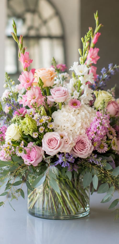 PPFC's Cotton Candy Surprise  - Soft pink and white roses mingle with a single large white hydrangea and airy snapdragon spikes to create a romantic birthday bouquet or anniversary arrangement that feels like a breath of spring. The pastel palette - pink, white, lavender and touches of pale yellow with fresh green foliage - makes the recipient feel gently celebrated and seen; it's the kind of floral surprise that brightens a table and lifts spirits.  This arrangement includes roses, hydrangea, snapdragons and small daisy-like filler blooms arranged in a clear glass vase so stems are visible through the water for a fresh, natural presentation. The tall snapdragons add vertical movement while the lush hydrangea and roses provide soft, textural contrast; overall scale is perfect for tabletops or mantels and sends a cheerful, elegant message.  Ideal for birthdays, anniversaries, springtime celebrations, or a "thinking of you" moment, this bouquet arrives ready to display. To keep it looking its best, refresh the water every couple of days and trim stems at an angle when you change the water.