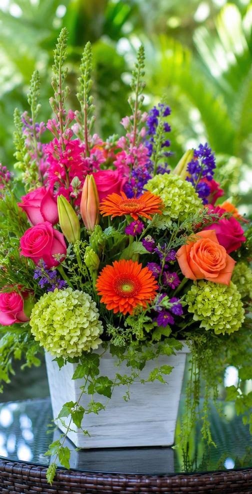 Colorful Sensations  - Bright pink roses and vibrant orange gerbera daisies pop against lime-green hydrangeas in this lively flower arrangement-perfect as a birthday bouquet, congratulations gift, or an everyday celebration that brightens someone's day. The compact white square container keeps the design modern and garden-fresh, while purple accent blooms and tall snapdragon-like spikes add playful height and a layered silhouette that feels joyful and spirited.  This bouquet blends roses, gerbera daisies, lilies, hydrangeas, snapdragons, and additional seasonal accents in a vivid pink, orange, green, and purple palette. The mix delivers strong color contrast and a variety of textures-from the soft, full hydrangea clusters to the crisp petals of the daisies and the architectural snapdragon spikes-making it a memorable, photo-ready gift.  Give this to the person you want to make feel celebrated and seen-the bold colors say "congratulations" or "happy birthday" without being fussy. Arrives arranged in a white square container for easy display; change water every few days and trim stems slightly if you transfer flowers to a different vase to extend freshness.
