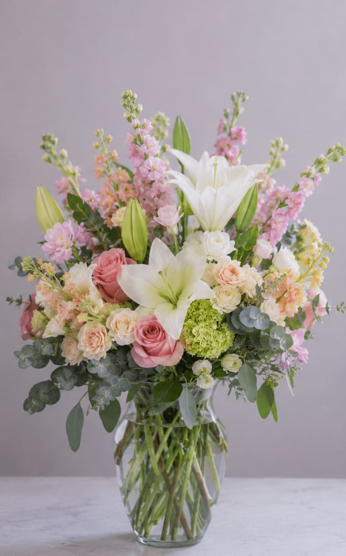 Be My Sweet Heart  - Soft pink roses and large white lilies mingle with pale peach spray roses and green hydrangea to create a romantic birthday bouquet or anniversary arrangement that feels both fresh and polished. The airy vertical accents of pink and peach stock lift the composition, giving the recipient a sense of joyous celebration-perfect for saying "be my sweet heart" on Valentine's Day, a milestone, or simply to make someone feel cherished.  Arranged in a clear glass vase, this flower arrangement pairs lush, rounded blooms (hydrangea and roses) with the sculptural elegance of lilies and the delicate texture of stock. The palette of pink, white, green, and peach reads soft and springlike; the layered height and varying shapes create visual depth while keeping the overall look refined and gift-ready.  This is the kind of bouquet that will make the person you're thinking of feel truly seen-romantic without being overdone, suitable for a partner, close friend, or mother. Delivered in a sturdy clear vase, it arrives ready to display; trim stems and refresh the water every few days to maintain freshness.