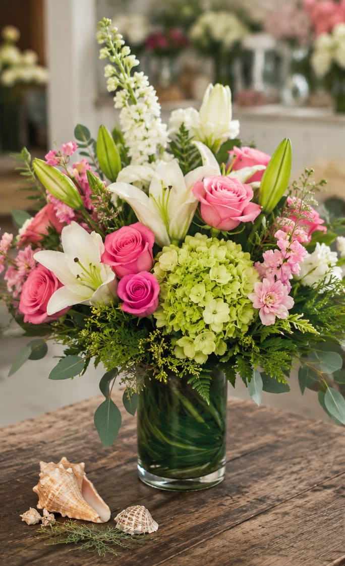 Palmetto Sea Side - Bright pink roses and trumpet-shaped white lilies create a fresh, romantic statement in this birthday bouquet and anniversary arrangement - Palmetto Sea Side brings a slightly tropical, celebratory feel that's perfect for Mother's Day or anytime you want to make someone feel cherished. The first impression is bright and joyful: pinks that read as affectionate, whites that feel pure and uplifting, and a soft green focal that keeps the whole design grounded.  At the center a large green hydrangea cluster forms a plush, rounded anchor surrounded by vivid pink roses, fragrant white lilies, small pink filler blooms, and airy white spikes that add height and texture. Everything is arranged in a clear glass vase for a clean, formal presentation that showcases stems and gives the display a light, coastal vibe. The mix of shapes - rounded hydrangea, layered rose petals, and tall lily blooms - creates visual depth and a tactile variety that reads as both elegant and relaxed.  This arrangement is a thoughtful way to say "happy birthday," "congratulations," or "you're loved" to the person you're thinking of; it carries well as a centerpiece or a bedside surprise. Care is simple: keep fresh water in the glass vase, trim stems as needed, and place away from direct heat so the roses and lilies last at their most beautiful.