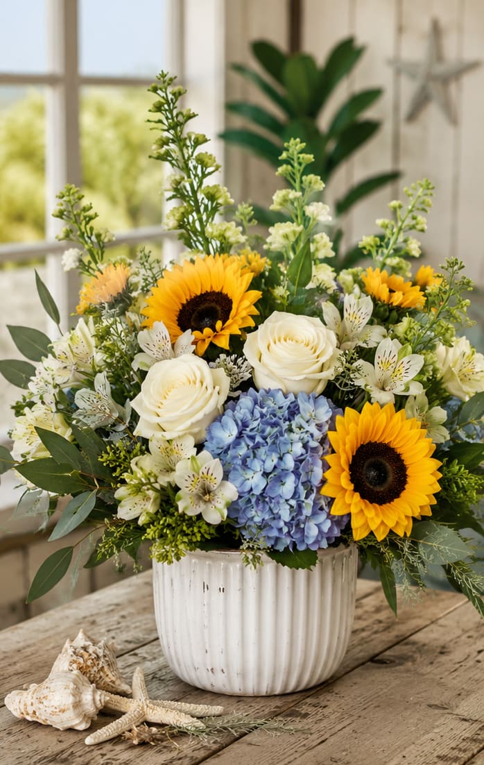 Parrish Old World Charm - Sunny sunflowers and creamy white roses create an immediate cheerful impression in this flower arrangement - perfect as a birthday bouquet, a thank-you gift, or a summer centerpiece. The rounded design reads bright and uplifting, so the person you're thinking of will feel noticed and celebrated the moment they see it.  Pale blue hydrangea and white alstroemeria mingle with airy greenery and branching accents for texture and a light, coastal mood. The stems are gathered in a white ribbed ceramic vase that complements the fresh yellow, white, blue, and green palette; seashells and a small starfish at the base add a subtle seaside charm without overwhelming the flowers.  Ideal for tabletops, porches, or as a welcoming delivery, this arrangement arrives ready to display in its vase; refresh water and trim stems every few days to extend bloom life. Its sunny, versatile look works for everyday joy or seasonal gatherings, making it an easy choice when you want someone to feel genuinely cheered.