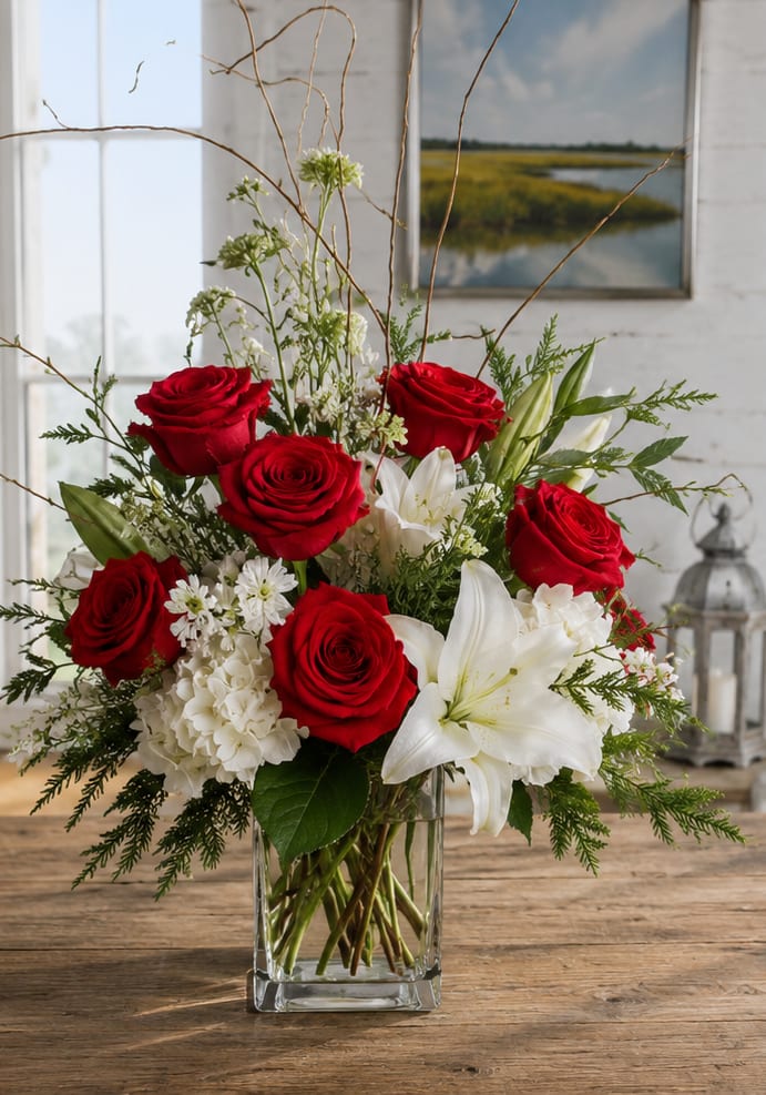 Tamp Bay's Always In My Heart - A chorus of vivid red roses and large white lilies creates an immediate emotional impact-perfect as a romantic anniversary roses bouquet or a tasteful sympathy arrangement to express heartfelt condolences. Tamp Bay's Always In My Heart pairs dramatic red and pure white blooms so the recipient will feel deeply seen and comforted, whether you're marking a milestone or offering solace.  This flower arrangement features red roses, white lilies, and clusters of white hydrangea arranged with airy white filler and delicate branching accents for a loose, garden-style silhouette. The flowers are presented in a clear rectangular glass vase that highlights layered stems and keeps the overall look elegant and traditional; colors are rich red, crisp white, and fresh green foliage for contrast and texture.  Thoughtful for both intimate celebrations and more formal moments, this piece delivers a timeless message of love and remembrance. Available in the pictured size with vase included; fresh-care tips-keep water clean, recut stems every few days, and place away from direct heat-to help blooms last as long as possible.