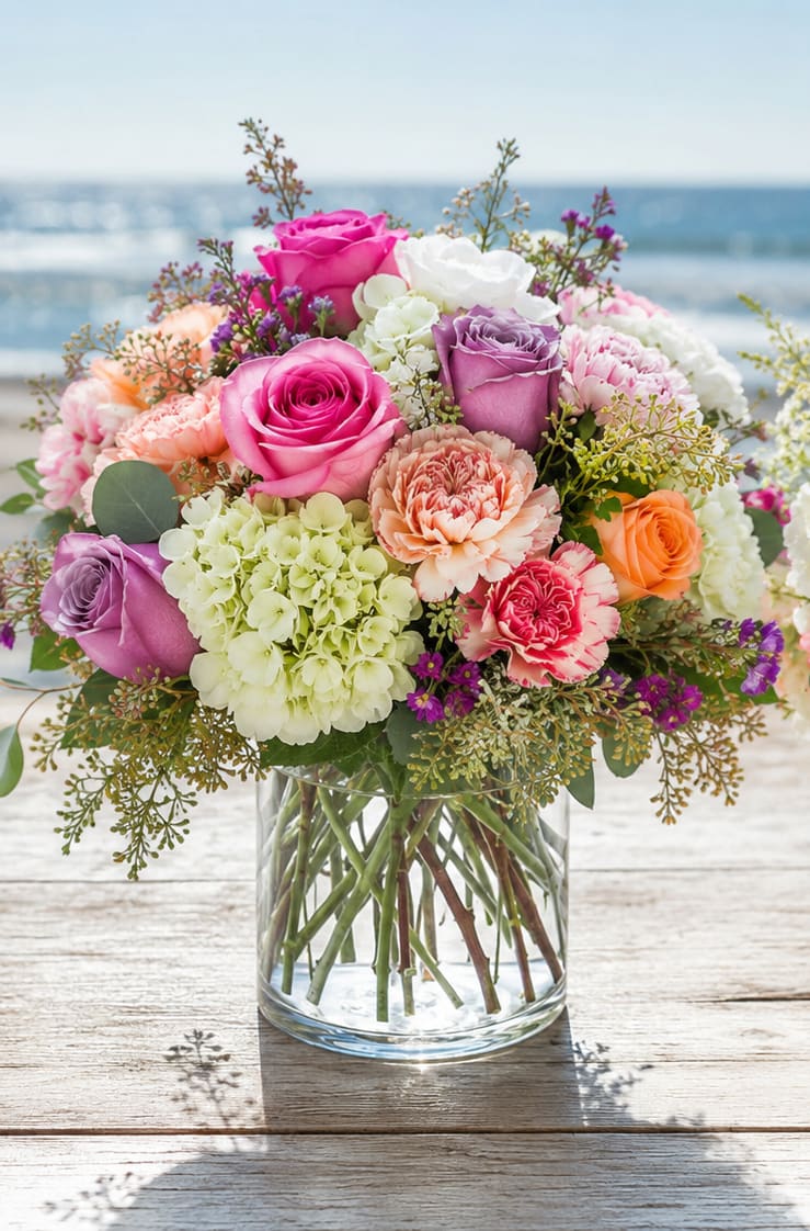 Petal Perfection's Relaxing By The Shore  - A lush, rounded bouquet of roses, hydrangeas and carnations in pink, purple, white and peach-this flower arrangement brings a calm, seaside softness to birthdays, anniversaries, Mother's Day, or any springtime celebration. The close-packed blooms create an immediate impression of abundance and warmth so the person you're thinking of will feel genuinely cherished the moment the vase arrives.  Flowers are arranged densely in a clear glass vase so stems show through beneath airy filler that lends a light, garden-style texture. The color mix of soft greens with pastel pinks, lilacs, creams and peach creates a romantic, cheerful palette that reads fresh and celebratory on a tabletop, entry or dining room. Sized to make an elegant centerpiece without overwhelming a space, it's an easy, thoughtful way to say "I'm thinking of you" - order with standard care instructions for fresh-cut flowers and keep in cool water away from direct sun to extend the life of the arrangement.