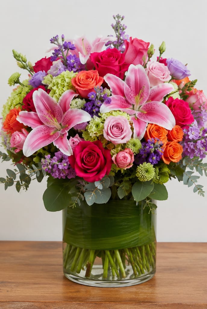 Lilies Love for Wimauma - A burst of pink lilies takes center stage in this celebratory flower arrangement, making it an ideal birthday bouquet or anniversary gift that feels both romantic and joyfully bright. The vivid pink and hot-pink roses paired with lavender accents create a lively, uplifting palette that will make the person you're thinking of feel truly celebrated.  Arranged in a clear glass vase, this large, full bouquet layers showy lilies and roses over pale green hydrangea clusters and smaller purple filler blooms for a dense, rounded silhouette. You'll notice hot pink and blush roses, orange roses for unexpected warmth, lavender stock or similar blooms for height and texture, and soft green hydrangea providing fresh contrast - a composition that reads abundant and thoughtfully balanced.  Perfect for marking birthdays, anniversaries, or simply saying "I'm thinking of you," this arrangement arrives ready to display in the included clear glass vase. For best longevity, refresh the water every two days and trim stems slightly when you change the water to keep blooms looking their fullest.