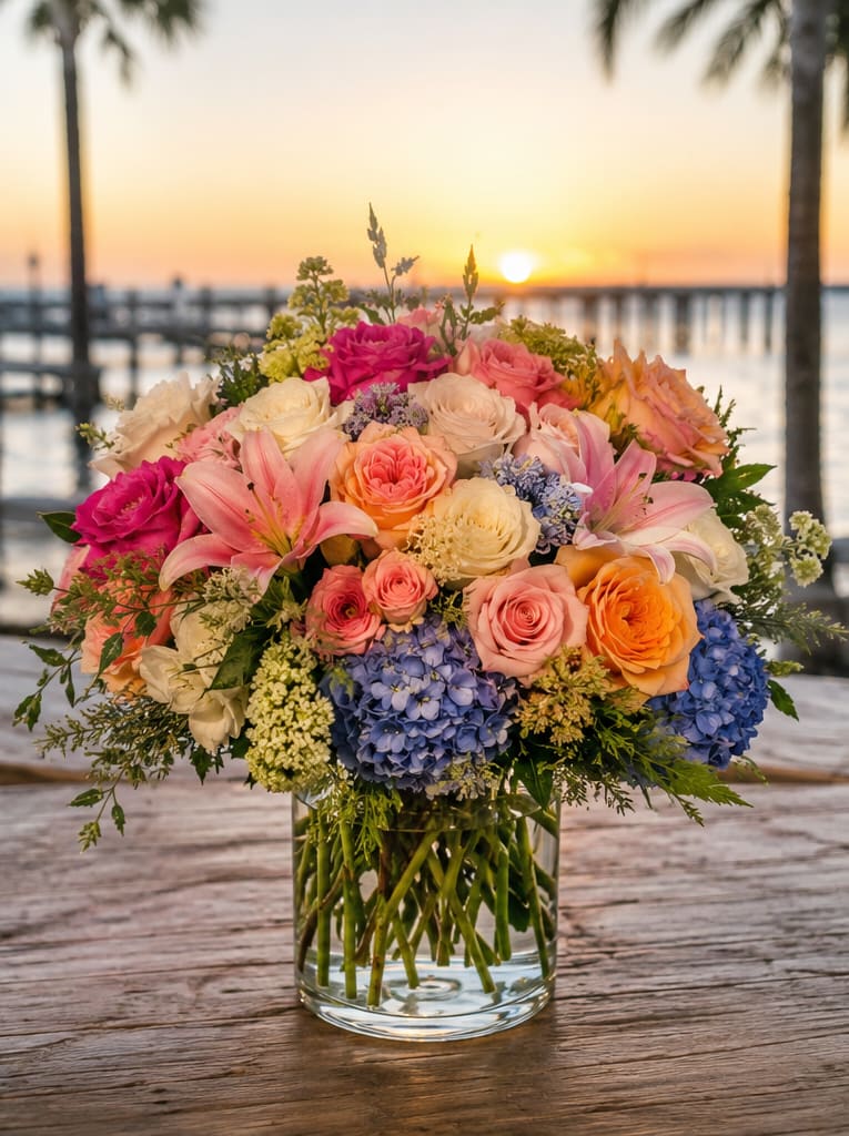 Tampa Bay's Morning Star - A lush, rounded bouquet of pastel and jewel-toned blooms that reads like a sunrise-perfect as an anniversary bouquet, birthday arrangement, wedding centerpiece, or a thoughtful thank-you gift. Tampa Bay's Morning Star artfully combines roses, lilies, hydrangeas, and seasonal accents in pink, white, purple, and pops of orange to create a bright, celebratory mood that still feels soft and romantic. The overall impression is fresh and gathered, the kind of arrangement that makes the person you're thinking of feel truly seen.  This arrangement is tightly packed in a clear glass vase so stems are visible through the water, giving a clean, garden-fresh presentation. Expect a dense dome of roses and lilies framed by voluminous hydrangea clusters and supporting florals in lavender, blue, and coral-tinged orange-rich texture from petals and lush greenery that reads beautifully from every angle. The vase size and exact stem count are tailored to create a full, rounded silhouette suitable for tabletops or entryway display.  Ideal for marking meaningful moments-celebrating an anniversary, brightening a birthday, honoring a wedding, or saying thank you-this bouquet arrives ready to display and impress. To keep blooms looking their best, refresh the water every couple of days and trim stems slightly when re-watered; for same-day delivery and care options, please select your preferred size and delivery date at checkout.
