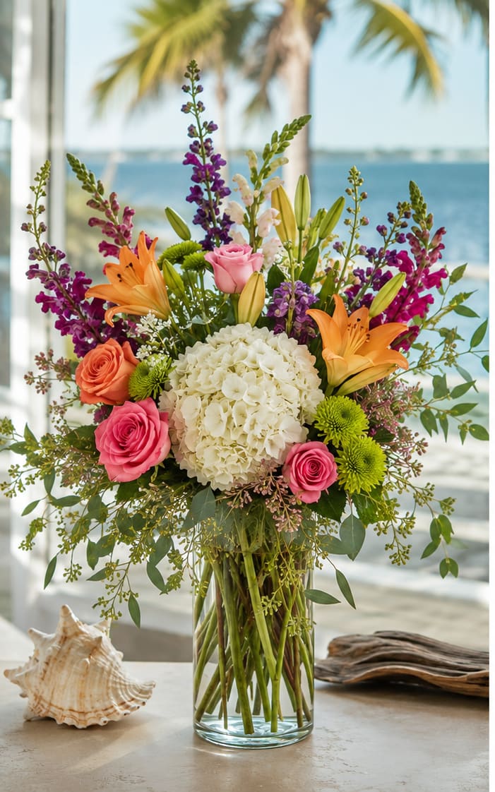 Anna Maria in the Morning - A large white hydrangea crowns this mixed-color arrangement, giving it a breezy, beachside elegance perfect for a summer birthday bouquet or a cheerful "thinking of you" gift. The tall, full composition pairs coral and pink roses with vibrant orange lilies and purple snapdragons, creating a lively, celebratory palette that reads bright and uplifting-ideal for anniversaries, hostess presents, or to surprise someone who loves coastal charm.  Petal textures range from the hydrangea's cloudlike mass to the roses' velvety petals and the lilies' sculpted blooms, with small green chrysanthemums adding playful pops of contrast. Stems are arranged in a clear glass vase so the long, airy branches show through; the included seashell accent reinforces the ocean-inspired mood without overpowering the flowers. This arrangement arrives ready to display and brings a fresh, sunlit energy that will make the recipient feel truly celebrated.