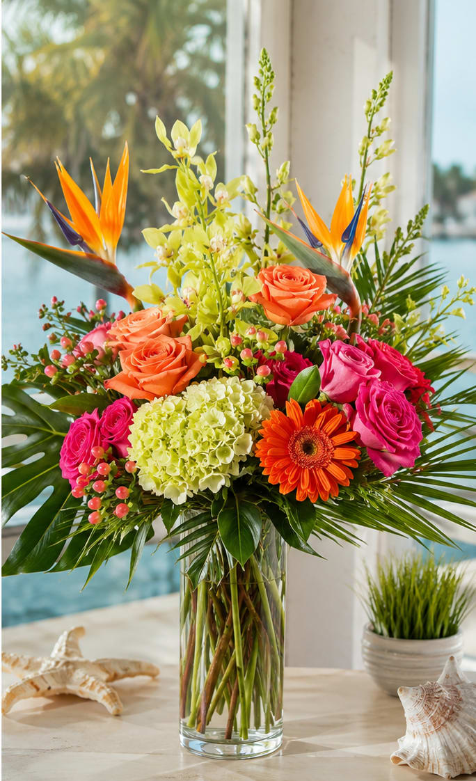 Bradenton Burst of Color  - A sun-drenched burst of tropical color greets the recipient the moment they see this flower arrangement - perfect as a summer centerpiece, birthday bouquet, or cheerful gift to lift someone's spirits. This mixed-color floral design blends orange roses and hot pink blooms with bright yellow accents to create an immediate feeling of celebration and warmth, while the tropical elements give it a resort-ready, vacation-vibe that makes the person you're thinking of feel pampered and noticed.  The arrangement features roses, gerbera daisies, orchids, hydrangea and tall bird-of-paradise tropicals arranged upright for a full, lush silhouette. Lime-green hydrangea heads and long palm-like foliage add texture and height; vivid orange, pink and yellow tones carry the eye through the composition. It arrives in a clear glass vase with seashell accents on the tabletop for an easy, beach-inspired display that looks polished on a dining table or entry console.  Made to stand out at summer gatherings or to celebrate birthdays and joyful milestones, this piece reads as a festive, thoughtful surprise for someone who loves bright, tropical looks. Vase-ready and arranged for immediate display; keep flowers in fresh water, away from direct heat, and refresh the water every few days to prolong their life.