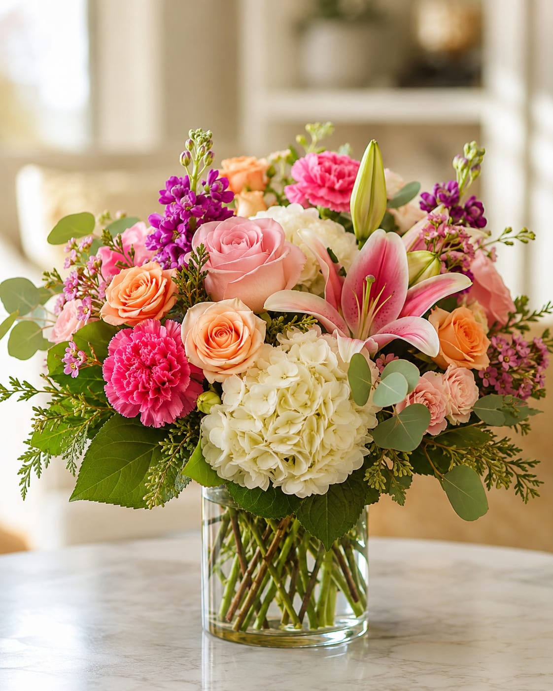 Petal Perfection's Simple Charm  - A soft, romantic display of mixed blooms designed to make someone feel truly cherished - Petal Perfection's Simple Charm is a flower arrangement perfect for birthdays, anniversaries, Mother's Day, or any celebratory moment. The rounded bouquet style reads polished enough for a centerpiece yet gentle and personal, the kind of gift that tells the person you're thinking of them in a warm, thoughtful way.  Large hydrangea heads and garden-style roses anchor the composition in shades of pink, peach, white, and purple, while a single pink lily and clusters of carnations and accent blooms lift the silhouette and add delicate texture. Arranged in a clear glass vase, the colors read luminous and layered; the mix of soft petals and sculpted greenery offers pleasing contrast and lasting visual impact.  This arrangement suits someone who appreciates classic romantic tones with a modern, refined presentation - ideal for the mother, partner, friend, or colleague you want to celebrate. Delivered in a clear vase ready to display, it requires simple care: fresh water and a cool spot away from direct sun will keep blooms at their best.