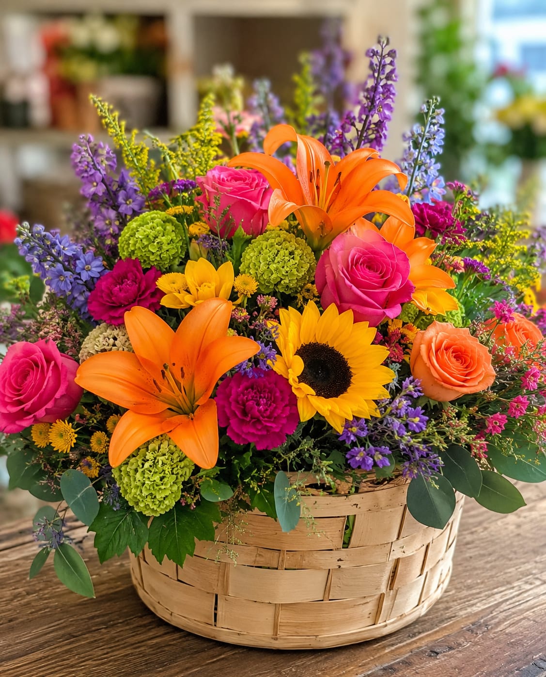 Basket of Abundance  - A vibrant, garden-fresh presentation that feels like sunshine in a basket-this flower arrangement is a cheerful birthday bouquet and a joyful congratulations gift all at once. The low woven basket frame and the lively mix of orange lilies, hot pink roses, and yellow sunflowers create an immediate visual lift that makes the recipient feel celebrated and seen, whether you're marking a milestone or sending a spontaneous "thinking of you."  The Basket of Abundance is densely packed with layered blooms: large orange lilies, hot pink roses, sunny sunflowers, soft carnations, and green pompon chrysanthemums with purple filler flowers for contrast and texture. The woven basket keeps the design casual and homey while the bold palette of orange, pink, purple, and yellow gives it a festive, garden-like energy. Sized to sit beautifully on a coffee table or kitchen island, this arrangement reads as generous without being fussy.  Perfect for birthdays, congratulations, or just-because moments, this arrangement sends a clear message of warmth and celebration to the person you're thinking of. Arrange delivery for the ideal day-fresh blooms arrive arranged and ready to brighten their space, and simple care (fresh water and a cool spot out of direct sun) will keep the colors popping for days.