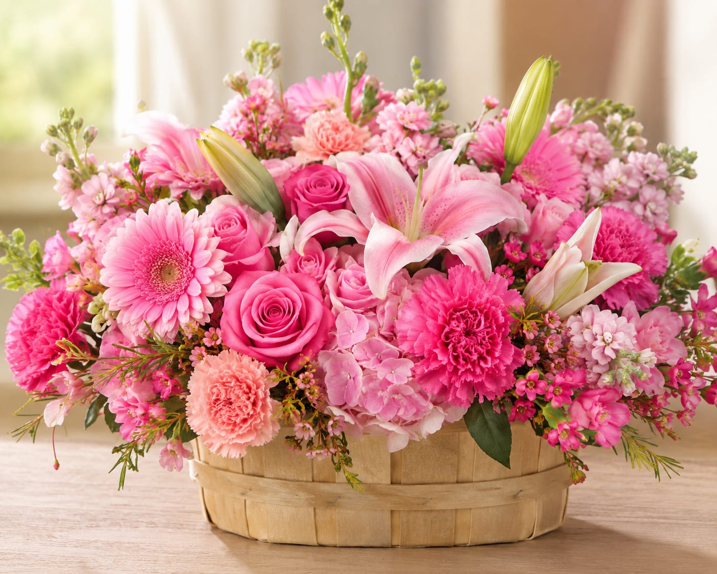 Pink Posies for Tampa Bay - A lush mound of pinks and peaches greets the eye-this rounded basket arrangement is a joyful choice for a birthday bouquet, anniversary flowers, or a springtime surprise for someone special in Tampa Bay. The mix of roses, lilies, gerbera daisies, carnations, hydrangeas, and delicate filler blooms creates a romantic, cheerful impression that reads as both celebratory and thoughtfully tender for the person you're honoring.  Dense, layered blooms in shades from hot pink to soft blush and warm peach form a full, textured display framed by fresh greenery. The woven basket adds a rustic, homey touch that softens the bright palette and makes the arrangement ready to set on a table or counter-no vase required. Expect a compact, rounded silhouette that looks abundant from every angle.  Perfect for celebrating a milestone, saying "thinking of you," or brightening someone's day, this arrangement sends a message of warmth and affection the recipient will notice right away. Care is simple: keep the floral foam hydrated and place the basket out of direct midday sun to help blooms last longer.