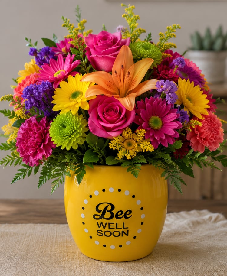 Bee Well Multi Color - Bright, cheerful blooms arranged to lift spirits-the Bee Well Multi Color get-well flower arrangement is perfect for sending encouragement to someone recovering or needing a thoughtful pick-me-up. This get-well arrangement combines roses, lilies, gerbera daisies, chrysanthemums and carnations in a lively mix of pink, yellow, purple and orange so the person you're thinking of feels genuinely seen and cheered.  The rounded, dense design bursts with vivid pink roses, an orange lily focal point, yellow and magenta daisy blooms, purple filler flowers and green button mums for contrast and texture. It's planted in a glossy yellow ceramic vase printed with "Bee Well Soon," reinforcing the recovery message while adding a sunny, durable keepsake to their room.  Ideal for hospital visits, home recovery, or just to brighten a difficult day, this arrangement sends a warm, playful message of care. Vase-arranged and ready to display-no fussing required-just place in a well-lit spot and change the water every few days to keep blooms fresh longer.
