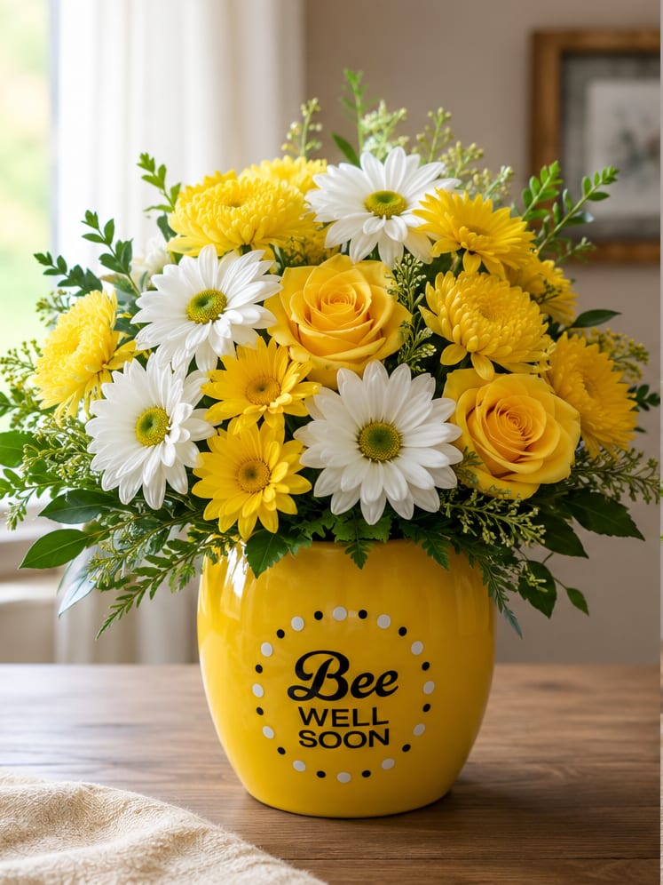 Bee Well in Yellow and White - Bright yellow roses and sunny chrysanthemums meet crisp white daisies in a cheerful get-well flower arrangement designed to lift spirits. This flower arrangement for recovery or a get-well gift places the occasion front and center: the rounded yellow ceramic vase printed with "Bee Well Soon" makes the intent unmistakable and sends a warm, hopeful message to the person you're thinking of.  The compact, full composition mixes saturated yellow blooms with soft white petals and airy green foliage for a sunny, uplifting palette. Roses, daisies, and chrysanthemums are arranged tightly for a bold visual impact while the greenery frames the bouquet with gentle texture. The arrangement arrives in a printed yellow ceramic vase that doubles as a keepsake.  Perfect for a friend, family member, or colleague recovering from illness or surgery, this is the kind of bouquet that brightens a bedside table and makes someone feel cared for. Standard sizing fits nicely on a nightstand or small table; light floral care-fresh water and a cool spot away from direct sunlight-will help the blooms stay cheerful longer.