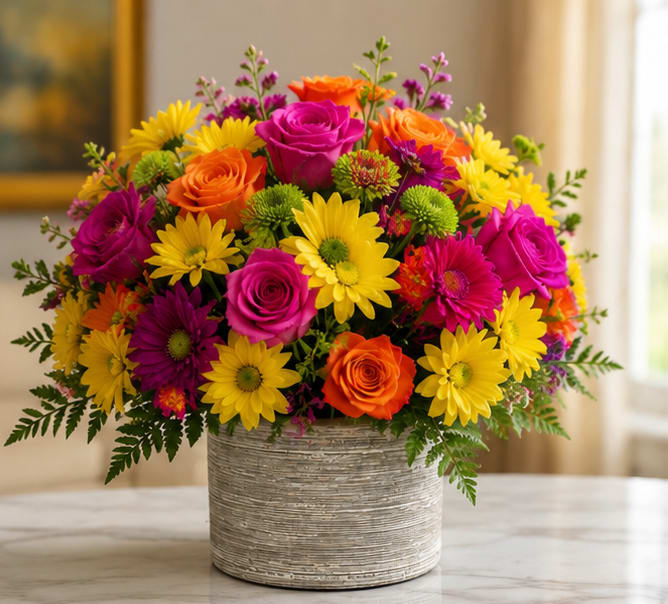 A Happy Day Bouquet  - Bright, joyful color greets the recipient with this cheerful flower arrangement-perfect as a birthday bouquet or an everyday celebration gift. The rounded, abundant shape and lively pink, orange, yellow, and purple palette make it an ideal centerpiece to mark an anniversary, congratulations, or simply to say "I'm thinking of you" in a way that brightens a room.  A dense mix of bright pink roses and orange roses pairs with sunny yellow daisy-like blooms for a vibrant, springlike look. Small purple accent flowers and green button-like blooms add contrast and texture, while soft fern-like foliage gently frames the composition. The flowers arrive arranged in a ribbed, textured ceramic vase that lends a tactile, modern touch and keeps the display compact enough for tabletops and mantels.  Designed to make someone feel genuinely celebrated, this arrangement suits mothers, friends, coworkers, or anyone who could use a colorful pick-me-up. Standard care-fresh water, a cool spot out of direct sun, and trimming stems every few days-will help the bouquet stay lively for as long as possible.