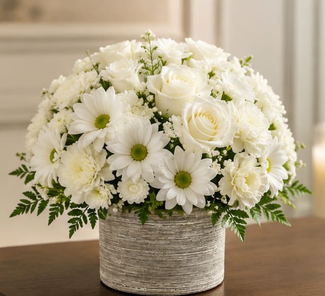 A Happy Day in White  - A soft, rounded dome of white roses, daisy-like blooms, and carnations creates a peaceful centerpiece that reads as both elegant and comforting - perfect as a sympathy arrangement, a wedding table accent, or a calm anniversary bouquet. The all-white composition with subtle green centers and fern-like foliage gives the person you're thinking of a feeling of serenity and quiet care.  Closely layered blooms form a dense, tactile bouquet that invites touch: velvety rose petals, ruffled carnations, and simple, cheerful daisies combine for visual harmony. The flowers sit in a textured round vase that adds a rustic, understated contrast to the pristine white palette and keeps the design feeling warm rather than formal.  Choose this arrangement when you want to send a message of peaceful support or refined celebration - it's the kind of bouquet that makes someone feel truly seen and comforted. Delivered ready-to-display, it offers long-lasting blooms with simple care: keep in fresh water, trim stems occasionally, and place away from direct heat for best longevity.