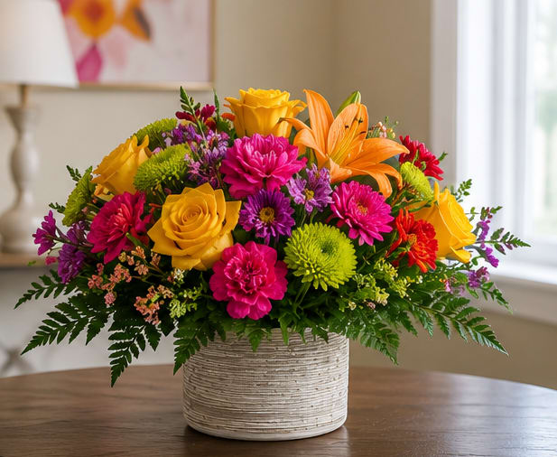 Happier Days  - A lively, garden-style arrangement that instantly lifts the room - a cheerful flower arrangement for everyday celebrations or a thoughtful "thinking of you" gift. The rounded, abundant mix of pink, yellow, orange and purple blooms reads joyful and sincere, making it a great choice for birthdays, get-well wishes, or simply to brighten someone's day.  This composition combines roses, lilies, chrysanthemums, carnations and daisy-like blossoms arranged tightly in a low, textured white ceramic vase. Fern-like foliage frames the base and adds soft green contrast to the warm and cool color accents; the result is full, dense, and visually engaging from every angle. The vase's low profile works well on coffee tables, desks, or dining surfaces.  Choose this arrangement when you want the recipient to feel genuinely seen and uplifted - it sends warmth, cheer, and a burst of color. Vase is included; for best longevity keep flowers in fresh water, away from direct heat or drafts, and trim stems slightly when refreshing the display.