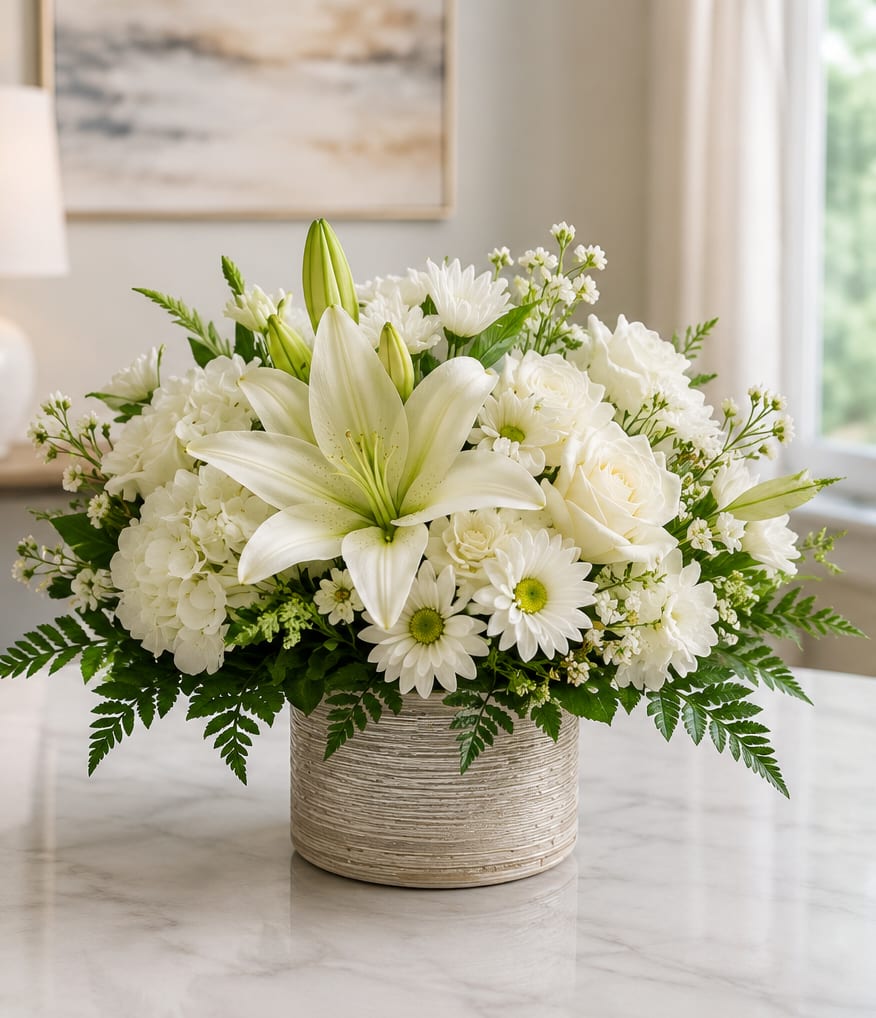 A Happier Day in White - A single large white lily takes center stage in this serene white and green flower arrangement, making it an ideal sympathy arrangement or wedding centerpiece that feels calming and refined. The composition reads soft and airy-perfect for offering comfort or celebrating a quiet, elegant moment-so the person you're thinking of will feel truly seen and comforted by its understated beauty.  Surrounding the focal lily are creamy white roses, lush hydrangeas, and delicate daisy-like blooms, layered with fresh green foliage and tiny white filler flowers for gentle contrast. Arranged low and full, the bouquet sits in a textured cylindrical ceramic vase that gives the design a modern, neutral base while keeping the look clean and refined. The mix of smooth petals and airy fillers creates a soothing texture and subtle fragrance without overpowering the room.  Thoughtful for funerals, sympathy visits, or intimate wedding tables, this arrangement conveys quiet support and timeless grace. Available in a compact, low profile that fits tabletops and mantels-no complicated care required beyond fresh water-it's an easy way to send condolences or mark a delicate celebration with dignity.