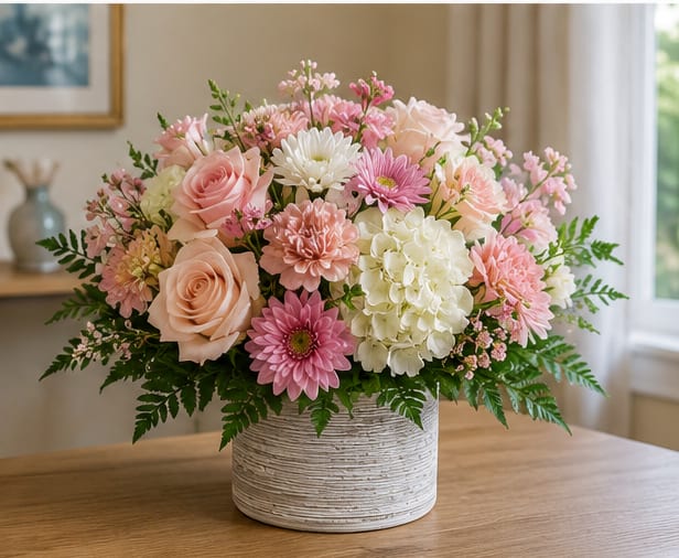 A Happier Day in Pink  - A lush rounded bouquet of blush pink, peach, and creamy white blooms creates an immediate sense of gentle celebration - perfect as a birthday bouquet, anniversary arrangement, or a thoughtful spring gift to lift someone's spirits. The soft pastel palette and romantic texture make the person you're thinking of feel cherished and seen the moment this piece arrives.  Roses, hydrangea clusters, ruffled carnations, and cheerful daisy-like blooms are gathered with small filler blossoms for extra softness and movement, all arranged low and full in a textured white ceramic vase. The composition measures as a compact, decorative centerpiece-sized arrangement that reads fresh and feminine on a mantel, dining table, or bedside table.  Designed to brighten everyday moments and milestone celebrations alike, this arrangement suits recipients who love classic, romantic florals. Keep blooms fresh by trimming stems and changing water every 2-3 days; vase is included for ready display.