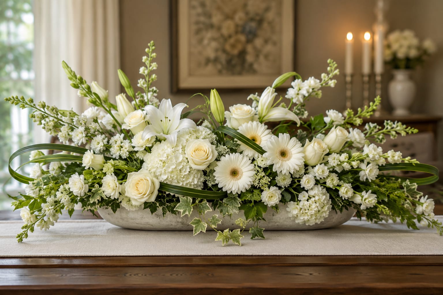 Petal Perfection's Simply Elegant Centerpiece  - Long, low and quietly sophisticated, this wedding or sympathy centerpiece brings garden-fresh elegance to any table. The long, horizontal shape in a shallow oval container is designed as a centerpiece arrangement for a reception table or memorial service, so the person you're honoring will feel seen and comforted without blocking conversation or sightlines.  Layers of white lilies, roses, gerbera daisies and hydrangea are softened by airy stock and small clustered filler blooms, creating a lush yet restrained palette of white and green. Trailing ivy and arching stems introduce gentle movement across the length of the piece, while the shallow oval vessel keeps the composition grounded and suitable for dinner tables or a service display.  Perfect for weddings, anniversary celebrations, or as a thoughtful sympathy tribute, this design reads formal but not stiff-made to make the recipient feel cared for and remembered. Because it's built low, it arrives ready to place on a table; keep blooms fresh by refilling water as needed and placing away from direct heat or drafts.