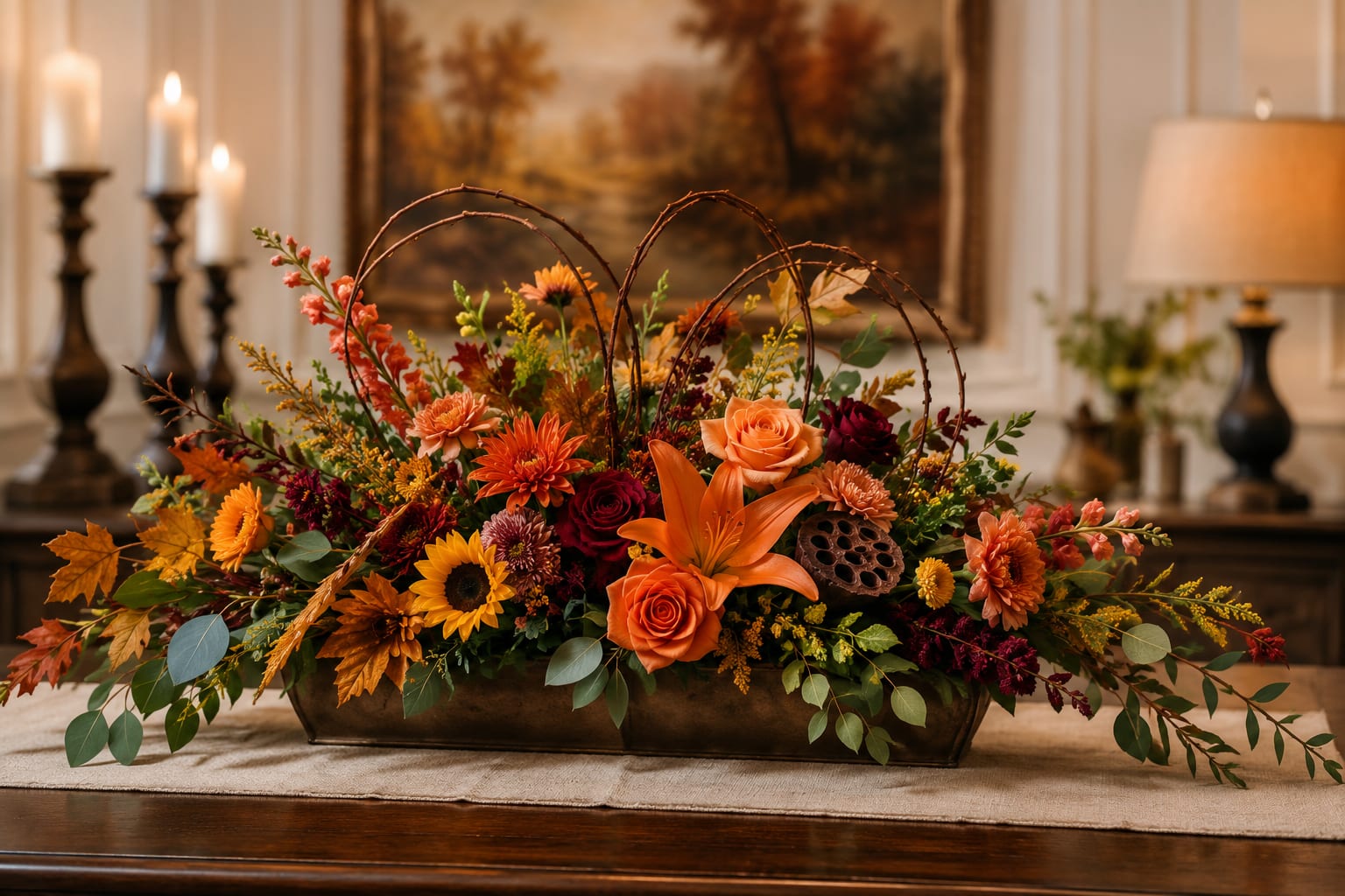 Fall in Love With Fall Centerpiece  - A low, wide autumn centerpiece bursting with warm-toned blooms-the perfect fall flower arrangement for Thanksgiving or any cozy seasonal gathering. Rich orange sunflowers and peach roses sit alongside burgundy lilies and golden chrysanthemums to create a dense, layered composition that feels both festive and intimate; the kind of centerpiece that makes the person you're celebrating feel seen and welcomed at the table.  This arrangement uses sunflowers, roses, lilies, chrysanthemums, daisies and mixed blooms in orange, red, yellow and green hues arranged tightly in a rectangular metal container for a grounded, formal silhouette. Curly willow branches and a rustic lotus pod rise above the flowers to add movement and a natural, sculptural touch; the low profile keeps sight lines clear across a dinner table while the abundant texture invites close-up appreciation.  Made to anchor fall gatherings and harvest celebrations, it's ideal for a Thanksgiving head table, a family dinner, or as a seasonal gift that brightens a home. The compact, sturdy container makes placement easy-simply keep water fresh and trim stems every few days to maintain bloom life and color.