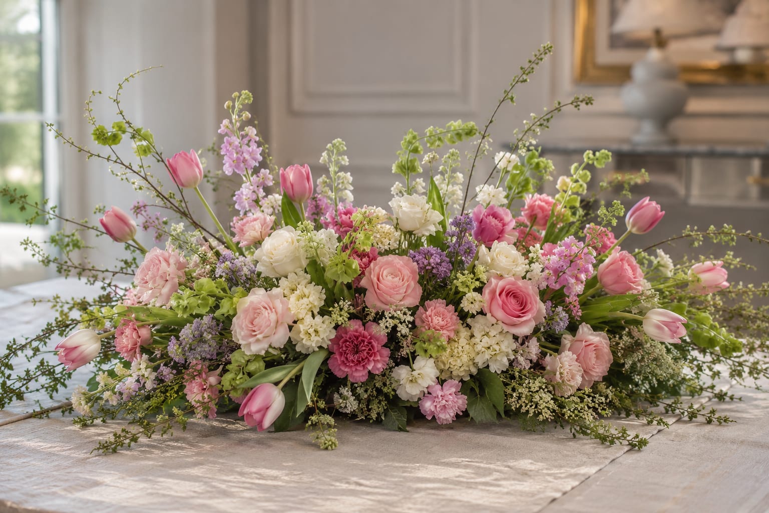 Spring Time Centerpiece  - Soft pastels and a relaxed garden feel make this Spring Time centerpiece an ideal wedding or spring event flower arrangement that immediately reads as romantic and celebratory. As a centerpiece for a reception table or a special brunch, the wide, low design lets guests see one another while the airy branches and trailing stems give the person you're honoring a sense of effortless elegance.  This low, horizontal arrangement mixes pink roses and tulips with creamy white blooms, clusters of lavender stock and green accents, plus hydrangea textures and soft carnations to build depth and movement. The palette of pink, white, purple, and green is arranged with varied textures-rounded rose heads, tulip silhouettes, ruffled carnations and lacy stock-so it feels lush without being fussy. The spread is intentionally broad and garden-style, designed to sit across the center of a table and fill the visual field without towering over guests.  Perfect for wedding tables, bridal showers, Mother's Day brunches, or any spring celebration where you want the recipient to feel cherished, this centerpiece sends a message of thoughtful, romantic taste. Because it's a low-profile design, it pairs well with taper candles and place settings; keep stems hydrated and out of direct heat to prolong freshness, and choose the size that fits your table-wide enough to be noticed, low enough to keep conversation flowing.