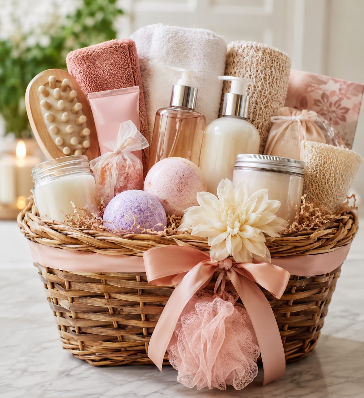 Spoil Her Rotton - A curated spa and bath gift basket designed to spoil her - an indulgent alternative to a birthday bouquet, Mother's Day gift, or a thoughtful "just because" surprise. Presented like a floral arrangement in a woven basket with a satin ribbon and decorative accent, the person you're thinking of will feel instantly cared for by its soothing, polished presentation and pampering vibe.  Spa essentials are artfully arranged to evoke the layered look of a bouquet, with soft textures and varied shapes creating a generous, gift-ready display. Hard goods are included to create a complete at-home spa experience; items may be substituted depending on availability to preserve the overall look and quality.  Perfect for a woman who deserves quiet pampering, this basket invites a restorative evening at home-an effortless way to say "you deserve this" with style and comfort. Sized to arrive ready to give; please note some items may be substituted to maintain presentation and value.