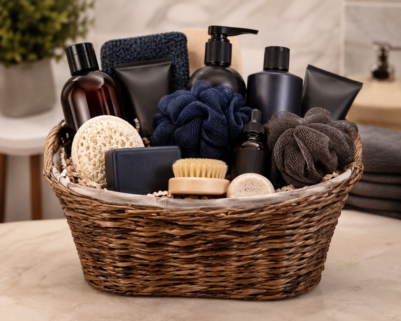 Spoil His Rotten  - For the person you want to pamper, this groomed gift basket says "take a break" in a confident, masculine-leaning way-perfect as a birthday gift, anniversary surprise, or thoughtful "just because" for him. Presented in a woven basket, it offers a curated self-care moment that helps the recipient feel considered and refreshed.  Tightly arranged for an elevated presentation, the basket combines a mix of textures and practical bath and body items to create a spa-like experience at home. Some items may be substituted depending on availability to ensure timely delivery while preserving the overall look and value.  Ideal for dads, partners, brothers, or any man who appreciates a little luxury, this basket ships ready to gift and is sized to sit neatly on a bathroom counter or shelf.