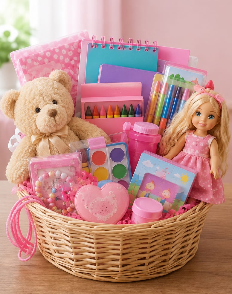 Little Princess Pack  - A cheerful gift basket designed to delight a little girl, perfect for birthday celebrations, back-to-school surprises, or a just-because treat. The Little Princess Pack creates an instant smile and a feeling of being specially seen.  Arranged for a youthful, whimsical look, the basket is filled with child-friendly surprises and accessories nestled for a full, gift-ready appearance. The ensemble emphasizes bright, happy colors and a cuddly vibe that reads as both playful and thoughtful. Some items may be substituted depending on availability to ensure a complete, attractive presentation.  This is an ideal choice when you want the recipient to feel celebrated and adored-whether for a birthday, first day of school, or just because. Basket dimensions and exact contents vary; if you have a special request or need guaranteed items, please contact us before ordering.