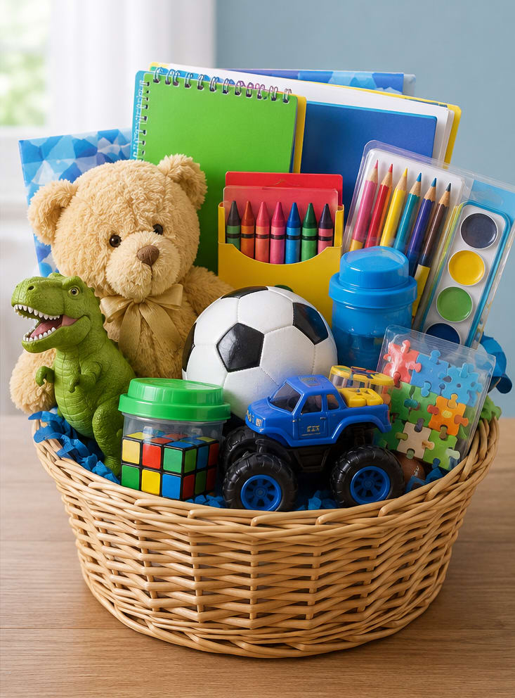 Little Prince Gift Basket  - A lively, kid-friendly gift basket designed to delight a little boy-perfect for a birthday, back-to-school celebration, or any cheerful occasion for children.  This compact basket combines soft, tactile elements with colorful school-and-play items arranged tightly to create a full, abundant presentation that feels ready to enjoy. Because we source playful gifts seasonally, some items may be substituted depending on availability; sizing and contents may vary slightly to maintain the basket's lively appearance and value.